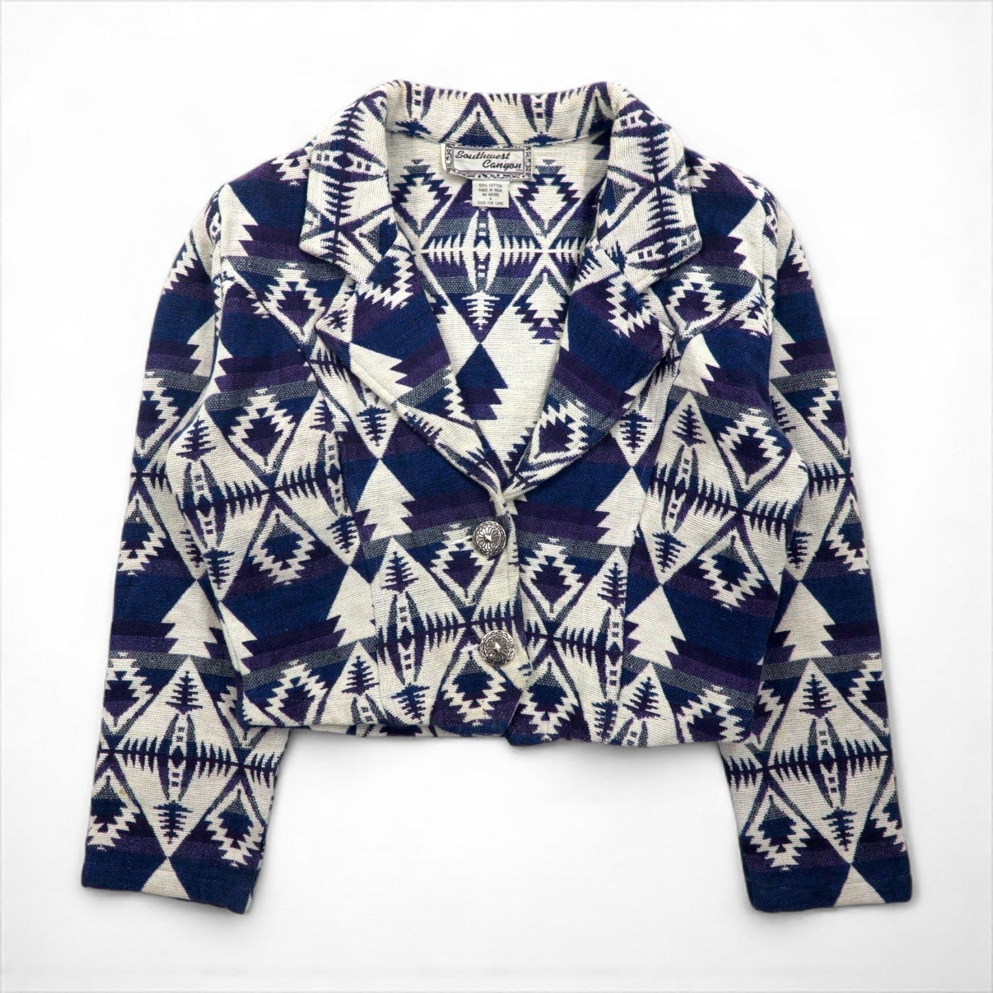 90s Vintage Jacquard Blazer 90年代 チマヨ柄 ジャガードジャケット S コンチョボタン ネイティブ柄 短丈 Southwest Canyon