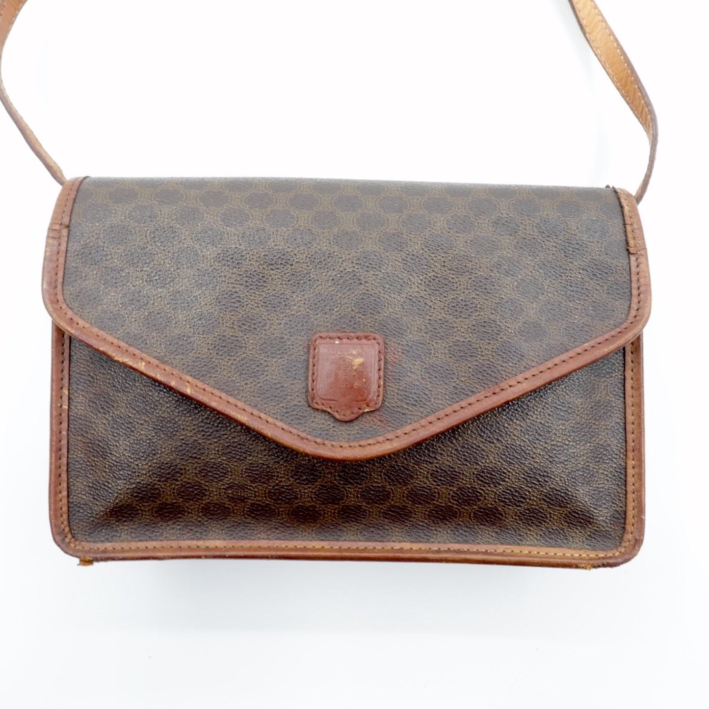CELINE Shoulder Bag, Brown Leather, Macadam Pattern, Old M90, Made in Italy