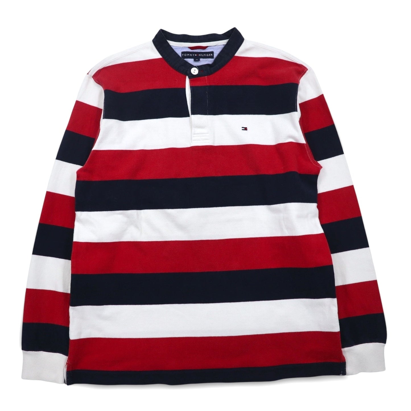 TOMMY HILFIGER Band Collar Rugby Shirt, Size M, Tricolor Striped, Henley Neck