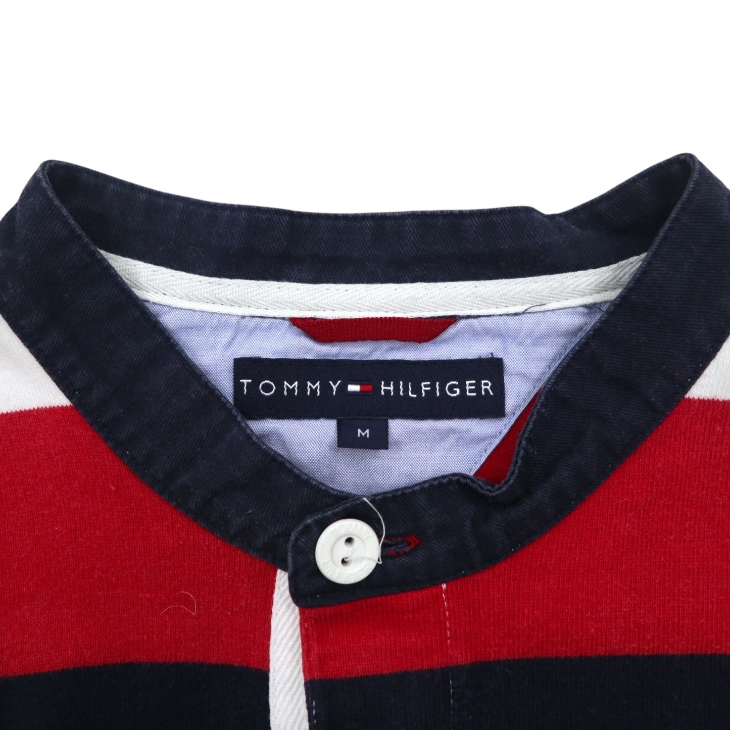 TOMMY HILFIGER Band Collar Rugby Shirt, Size M, Tricolor Striped, Henley Neck