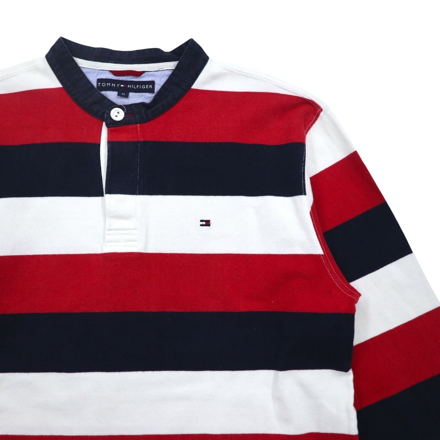 TOMMY HILFIGER Band Collar Rugby Shirt, Size M, Tricolor Striped, Henley Neck