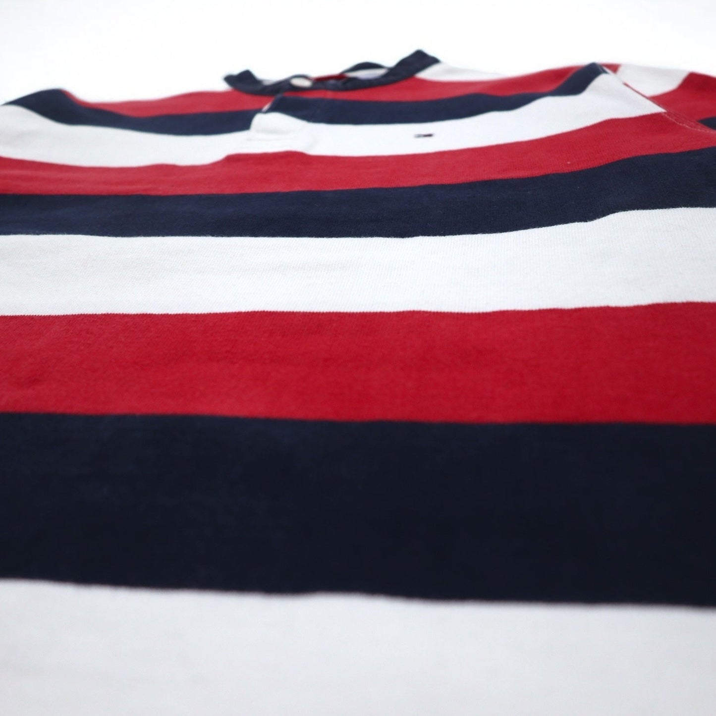 TOMMY HILFIGER Band Collar Rugby Shirt, Size M, Tricolor Striped, Henley Neck