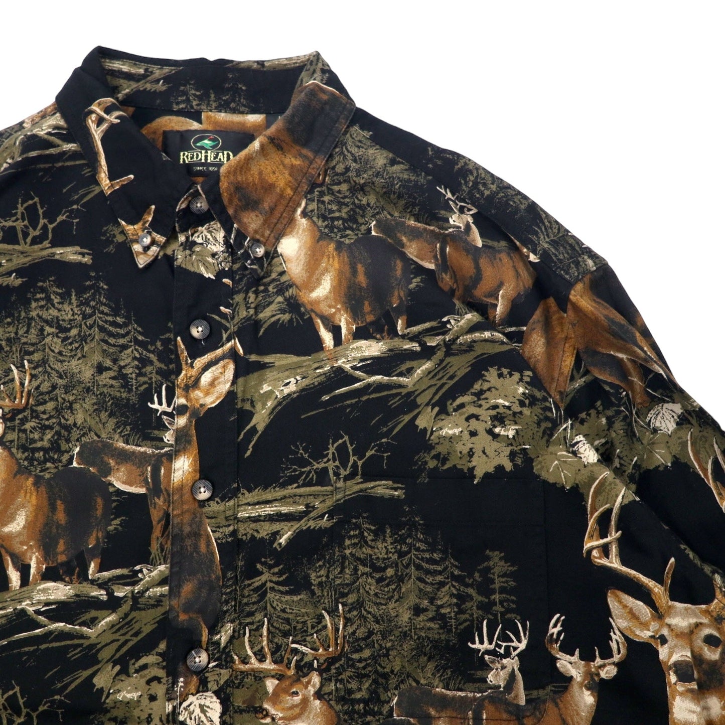 RED HEAD Button-Down Shirt, Size L, Black, Cotton, All-Over Print, Animal Deer