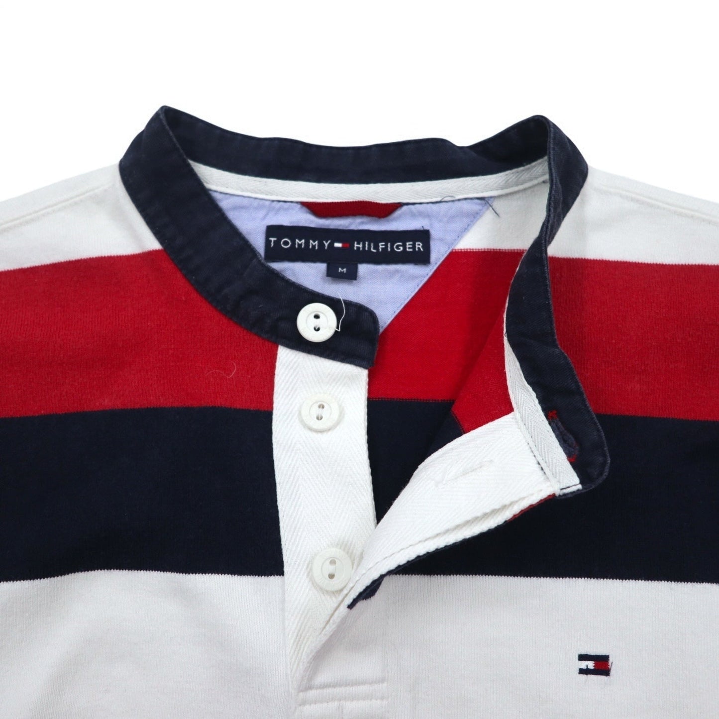 TOMMY HILFIGER Band Collar Rugby Shirt, Size M, Tricolor Striped, Henley Neck