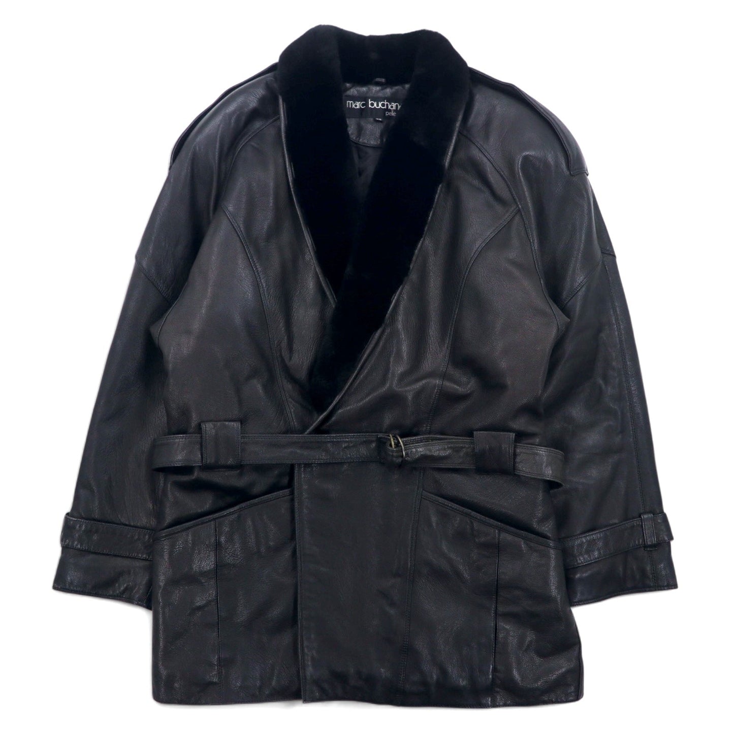 90s Pelle Pelle Marc Buchanan Pelle Pelle Leather Shawl Collar Gangster Coat, Size M, Black, Cowhide, Fur Collar, Epaulettes, Belt Included