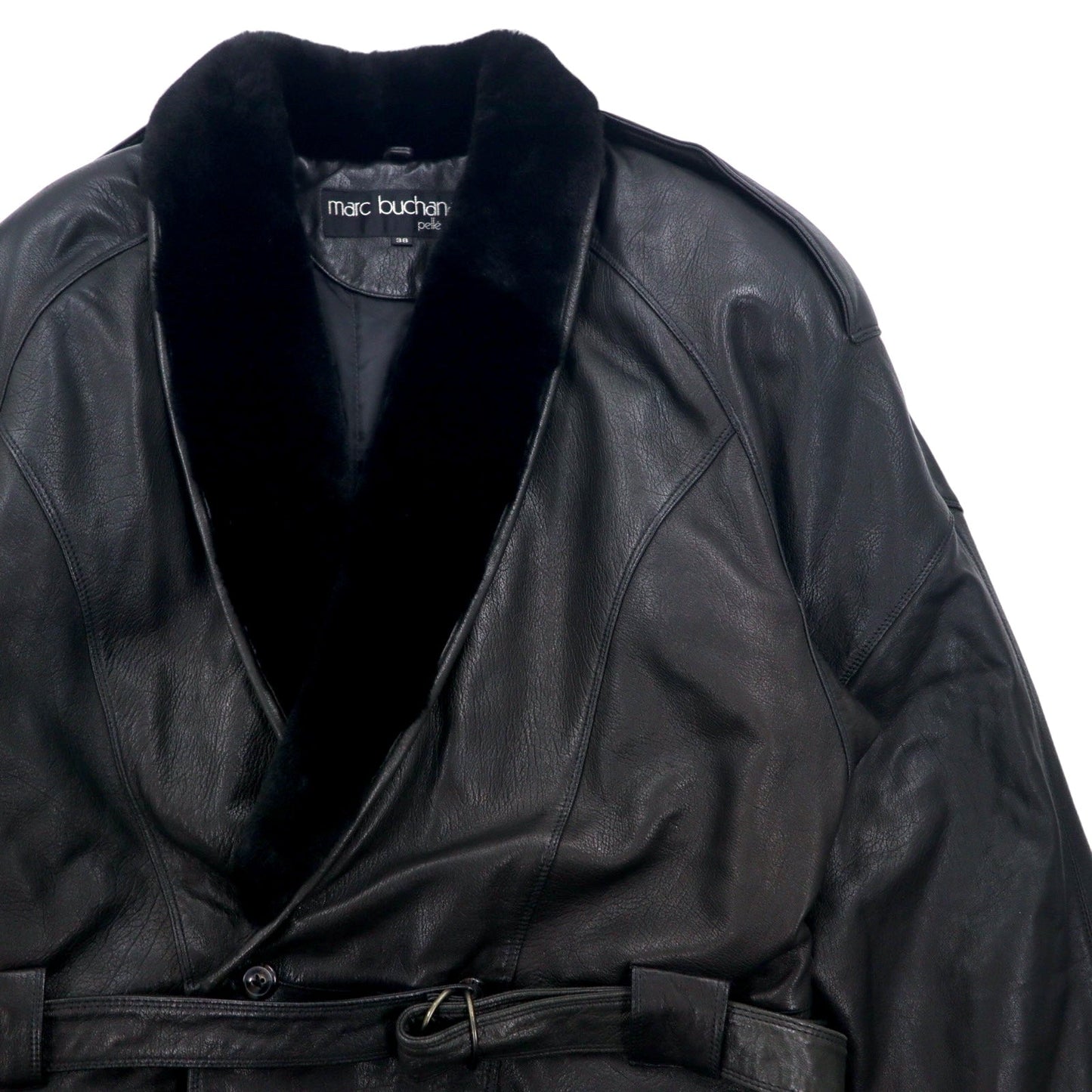 90s Pelle Pelle Marc Buchanan Pelle Pelle Leather Shawl Collar Gangster Coat, Size M, Black, Cowhide, Fur Collar, Epaulettes, Belt Included