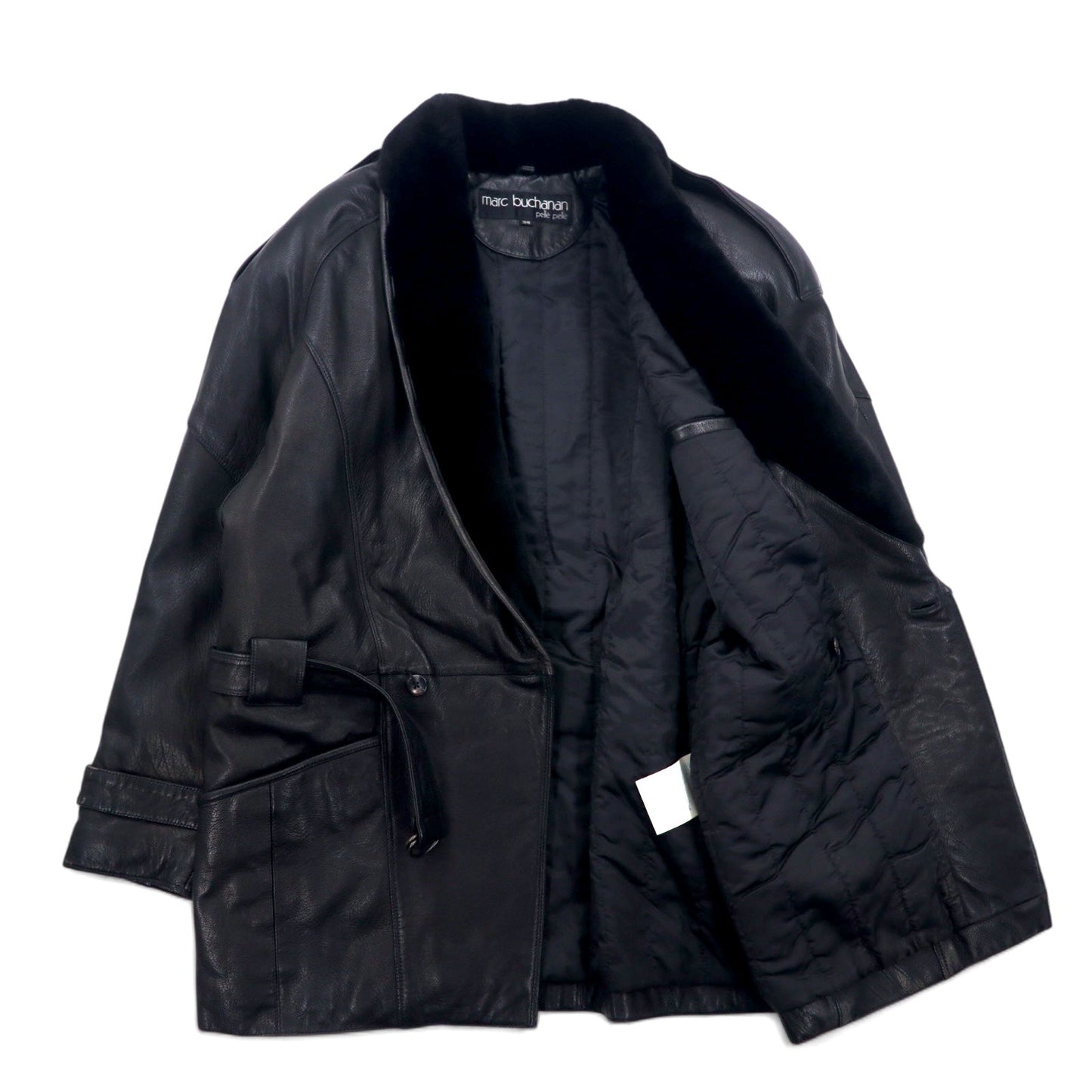 90s Pelle Pelle Marc Buchanan Pelle Pelle Leather Shawl Collar Gangster Coat, Size M, Black, Cowhide, Fur Collar, Epaulettes, Belt Included