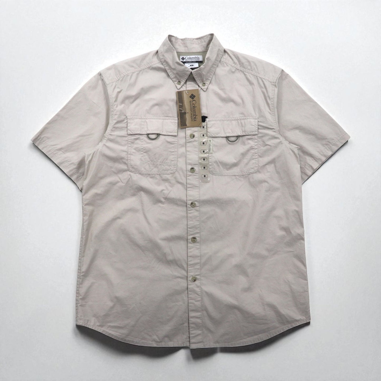 Columbia Marquam Trail Short-Sleeve Button-Down Fishing Shirt, Size M, Beige, Polyester, AM7240, Made in Sri Lanka, Unused