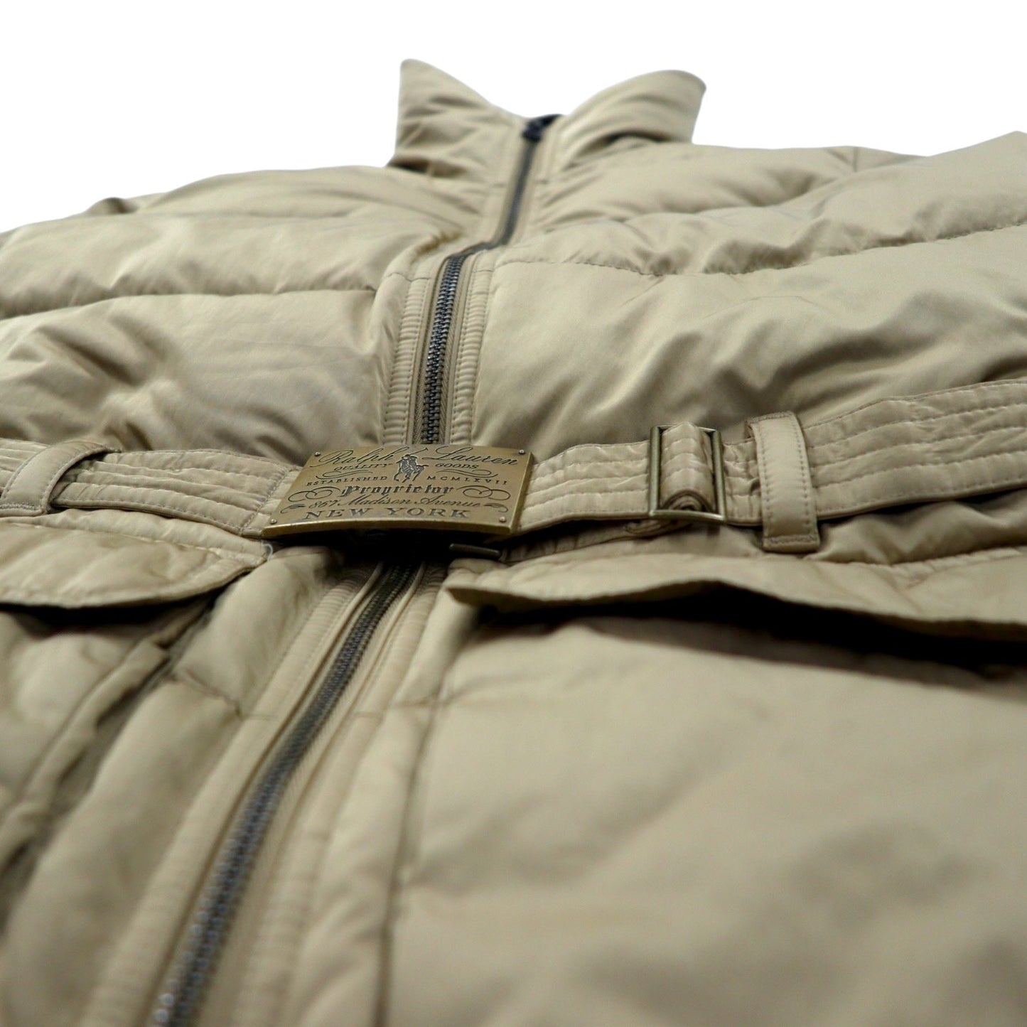 RALPH LAUREN ダウンジャケット S ベージュ ポリエステル ロゴ ベルト バックル ダブルジップ