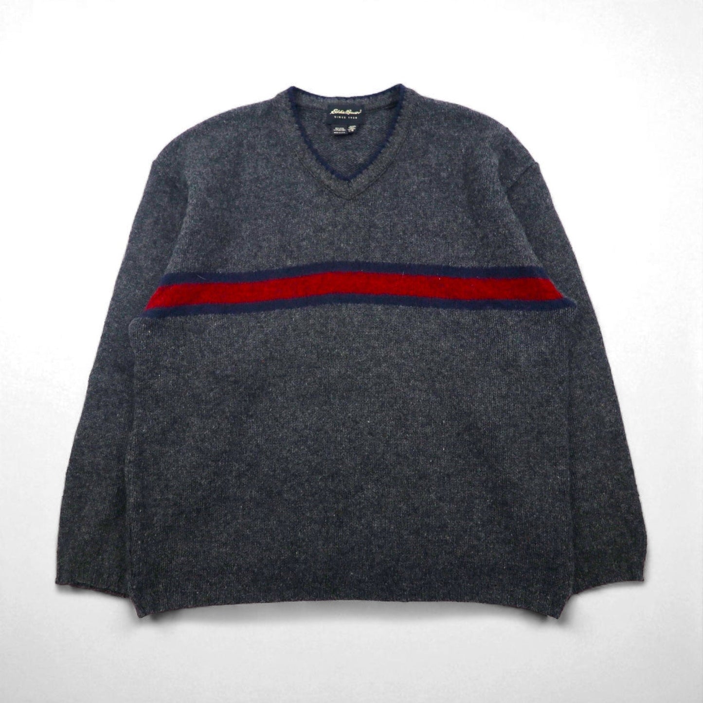 Eddie Bauer 90年代 USA製 Vネック ニット セーター L グレー ウール ラインデザイン
