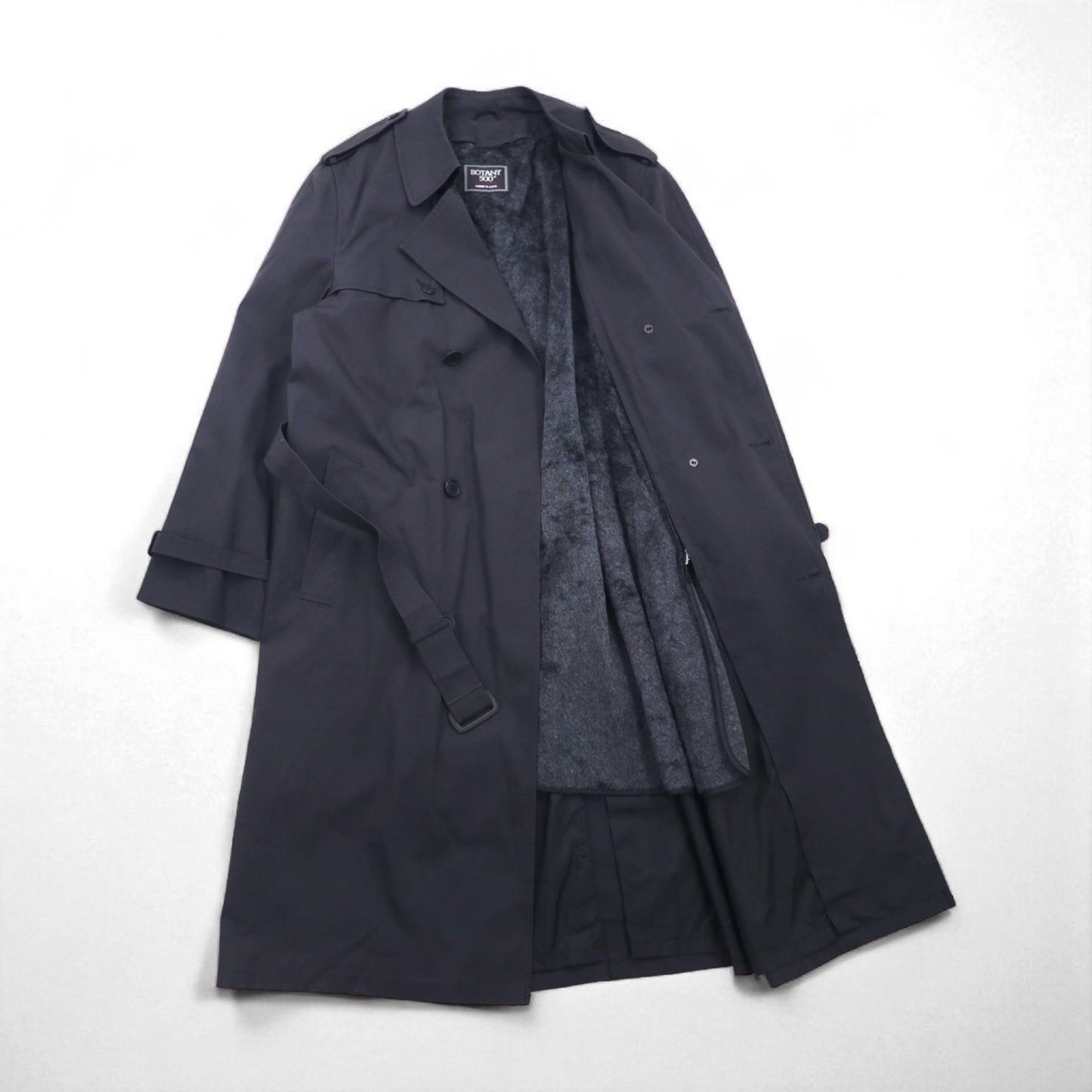 BOTANY500 80年代 USA製 ダブル トレンチコート XL ブラック ベルト付 ライナー着脱 エポレット
