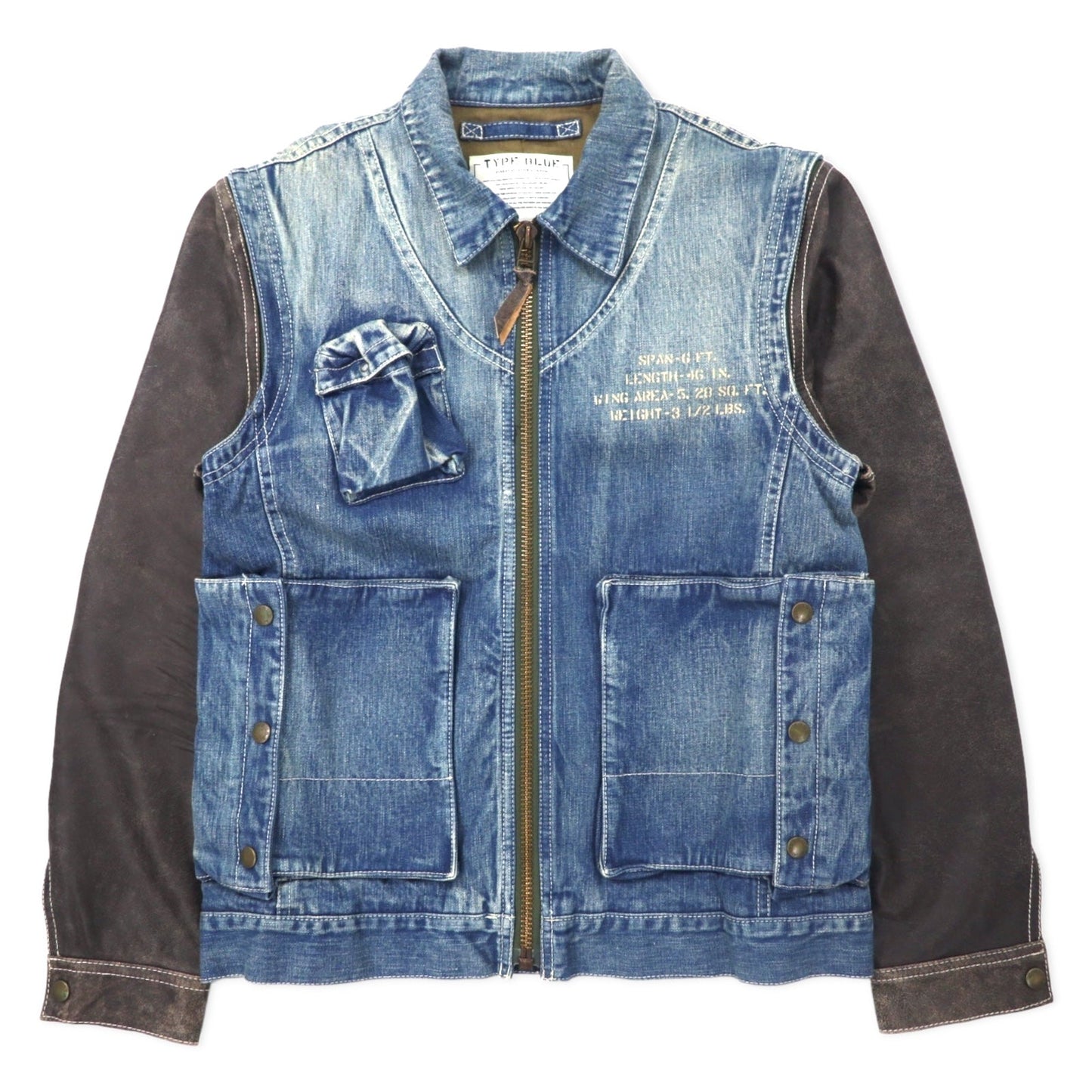 AVIREX 2-Way Denim Jacket with Detachable Leather Sleeves, E-1 Radio Vest, Size L, Blue, Cotton and Horsehide, 6132105