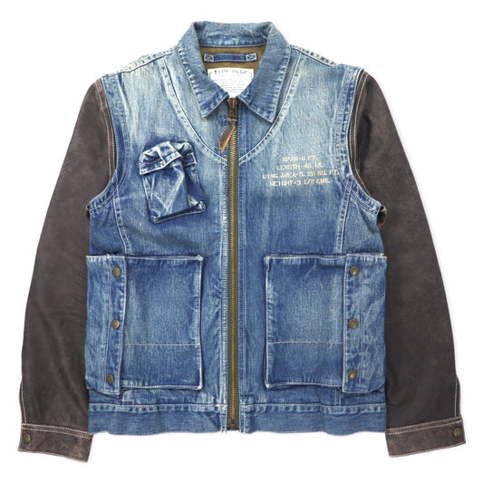 AVIREX 2-Way Denim Jacket with Detachable Leather Sleeves, E-1 Radio Vest, Size L, Blue, Cotton and Horsehide, 6132105