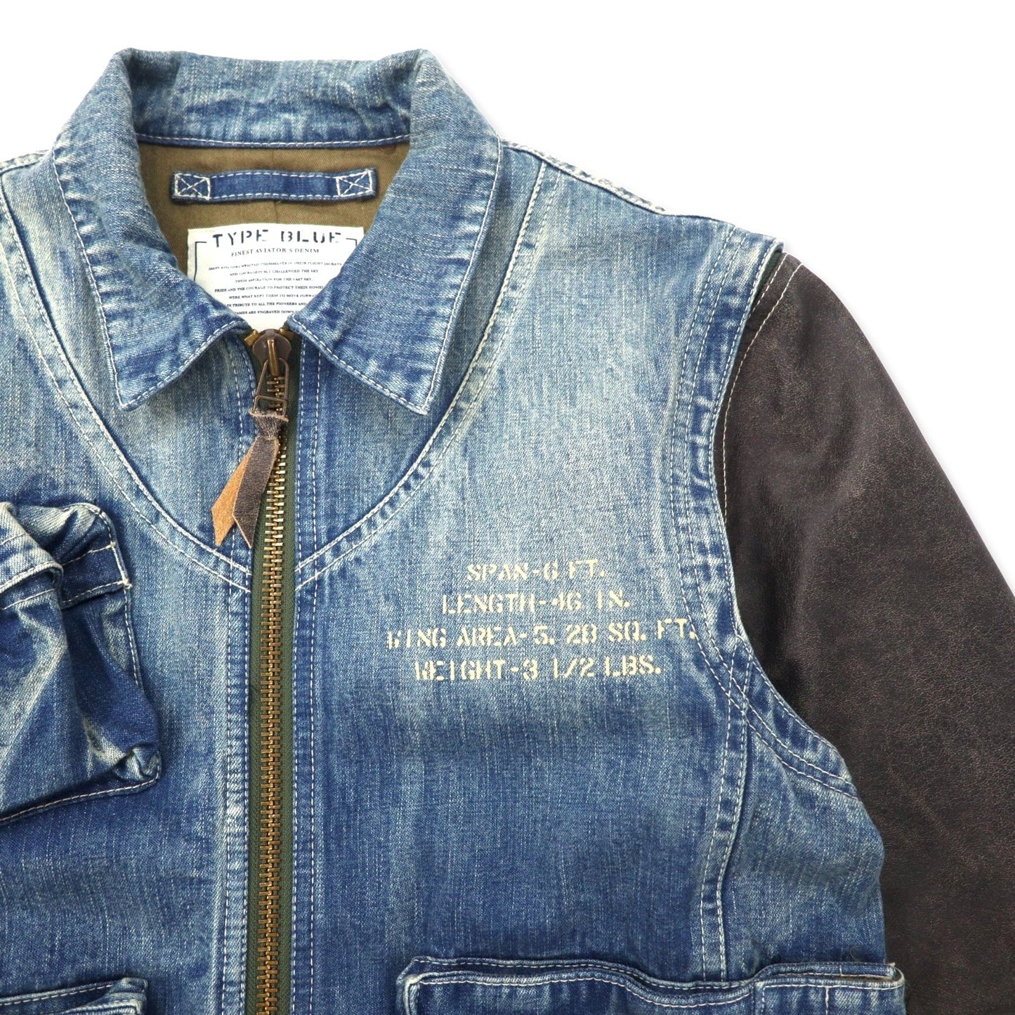 AVIREX 2-Way Denim Jacket with Detachable Leather Sleeves, E-1 Radio Vest, Size L, Blue, Cotton and Horsehide, 6132105