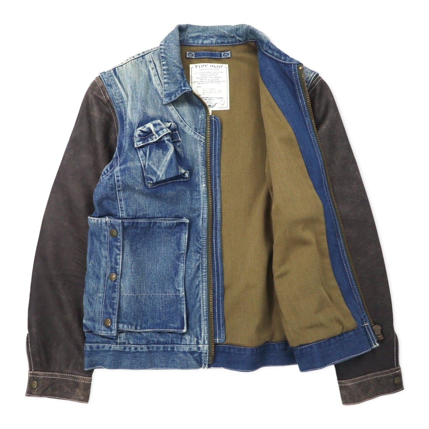 AVIREX 2-Way Denim Jacket with Detachable Leather Sleeves, E-1 Radio Vest, Size L, Blue, Cotton and Horsehide, 6132105
