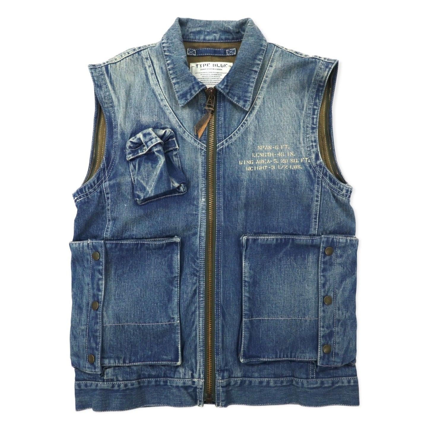 AVIREX 2-Way Denim Jacket with Detachable Leather Sleeves, E-1 Radio Vest, Size L, Blue, Cotton and Horsehide, 6132105