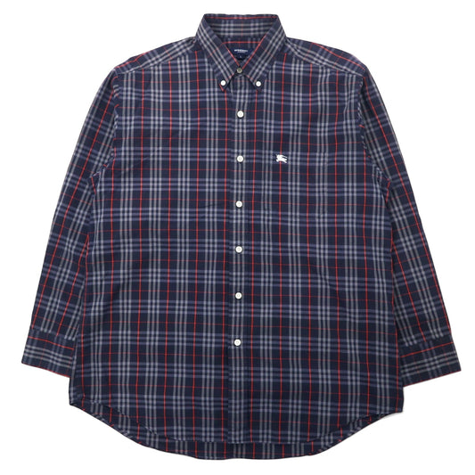 BURBERRY Old Nova Check Button-Down Shirt, Size L, Navy, Cotton, One-Point Logo Embroidery