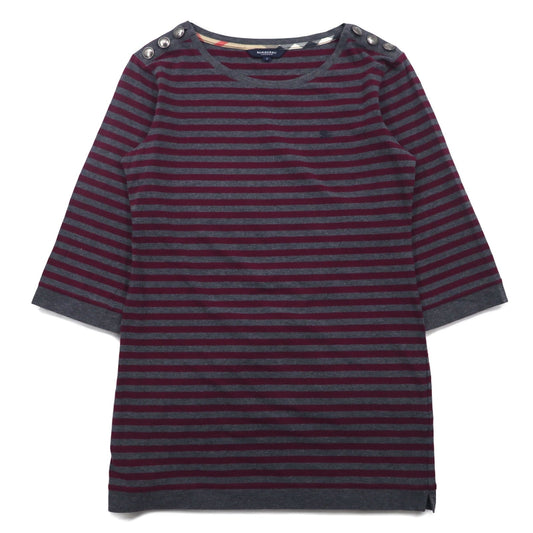BURBERRY Striped Tunic T-Shirt, Size M, Gray, Shoulder Buttons, One-Point Logo Embroidery, Made in Japan