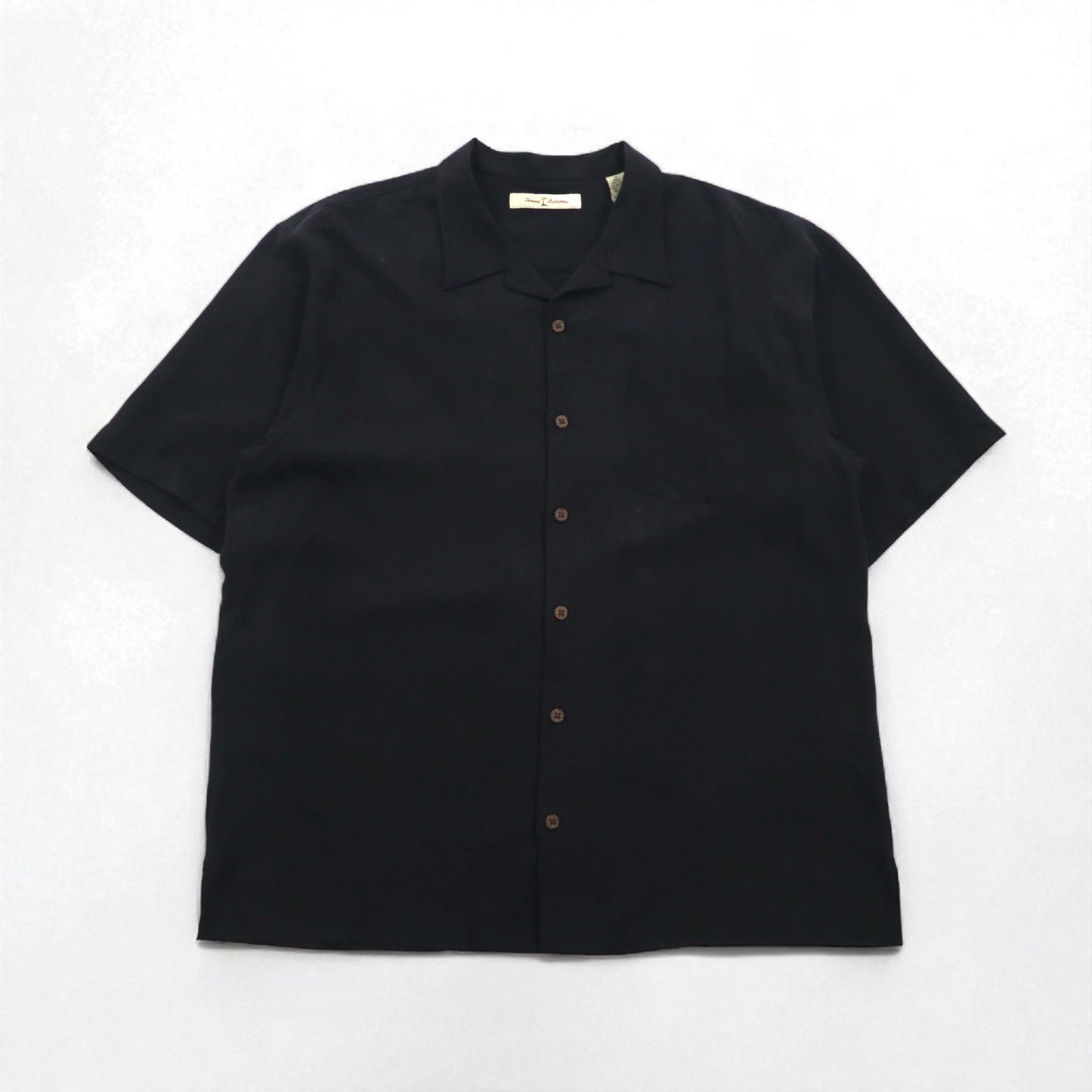 TOMMY BAHAMA Silk Open-Collar Aloha Shirt, XL, Black, Boxy Silhouette, Back Logo, Cocktail Embroidery