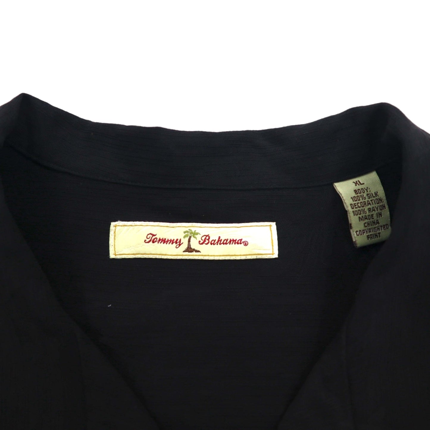 TOMMY BAHAMA Silk Open-Collar Aloha Shirt, XL, Black, Boxy Silhouette, Back Logo, Cocktail Embroidery