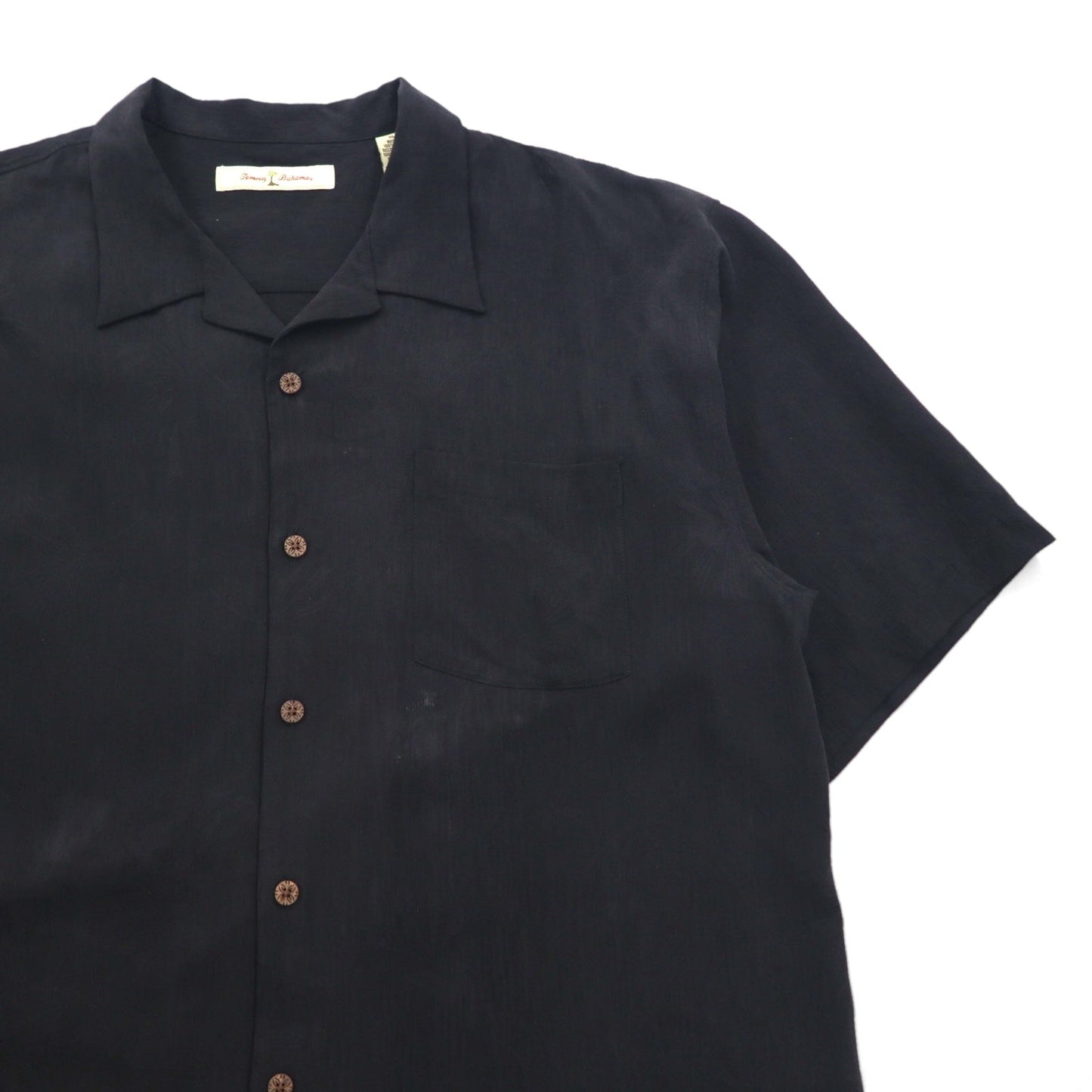 TOMMY BAHAMA Silk Open-Collar Aloha Shirt, XL, Black, Boxy Silhouette, Back Logo, Cocktail Embroidery