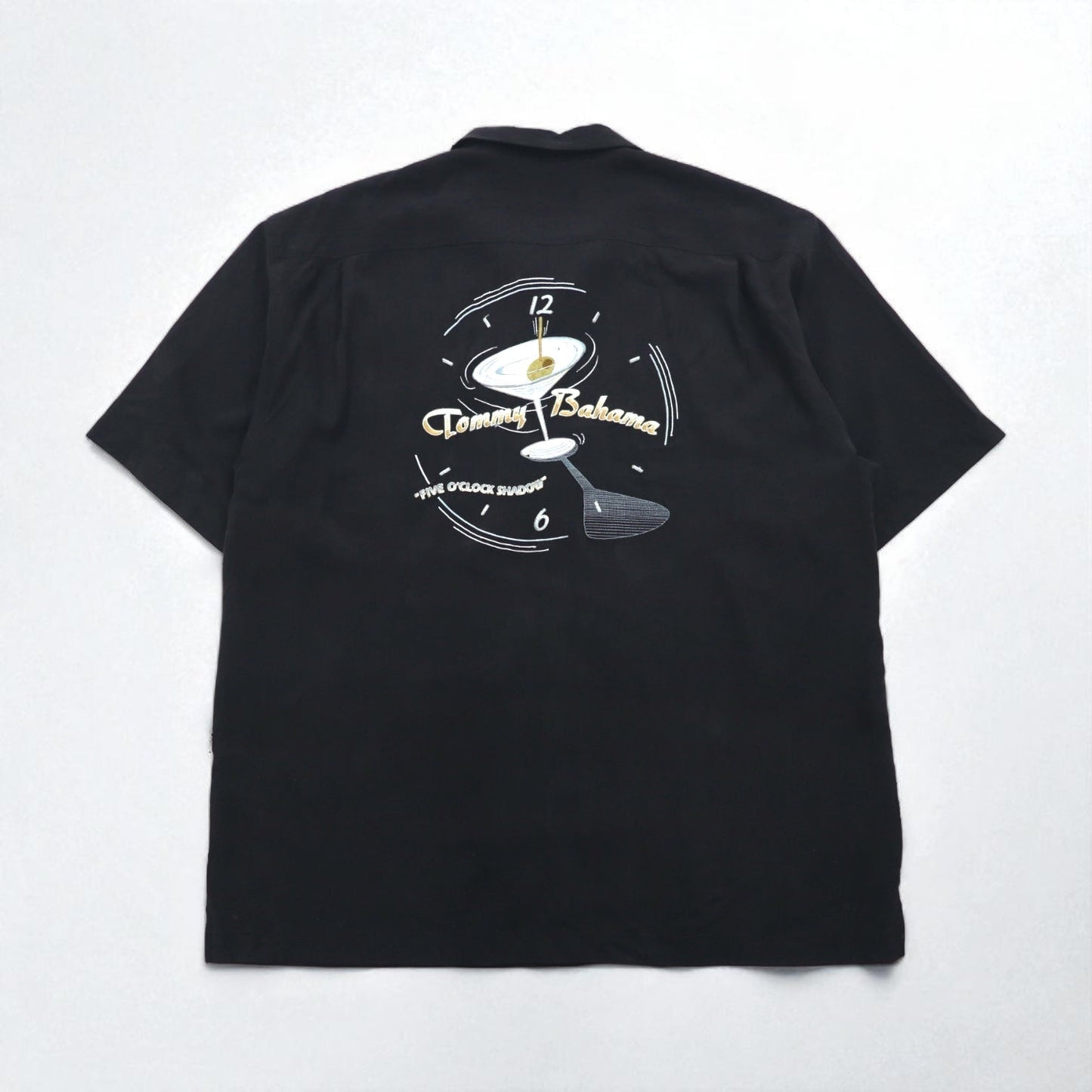 TOMMY BAHAMA Silk Open-Collar Aloha Shirt, XL, Black, Boxy Silhouette, Back Logo, Cocktail Embroidery