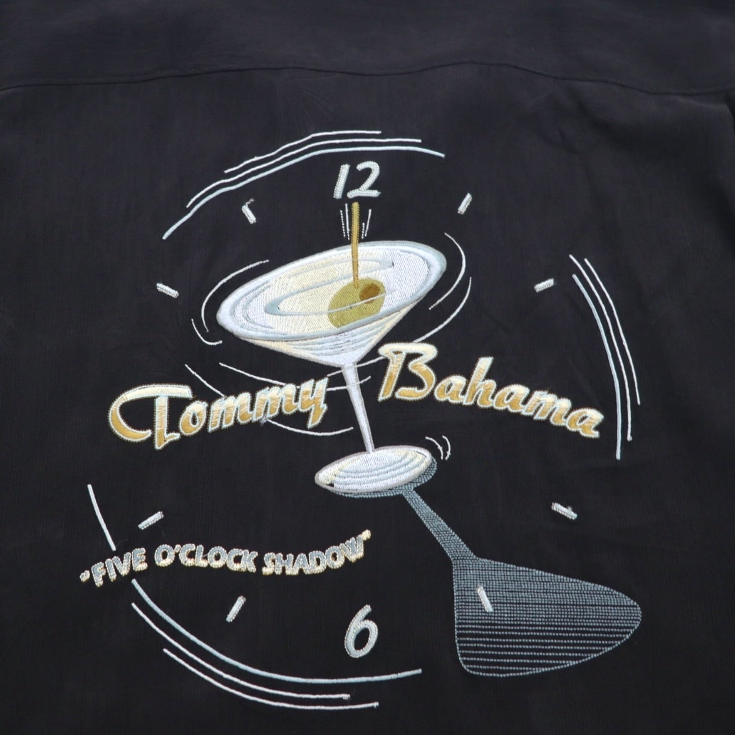 TOMMY BAHAMA Silk Open-Collar Aloha Shirt, XL, Black, Boxy Silhouette, Back Logo, Cocktail Embroidery