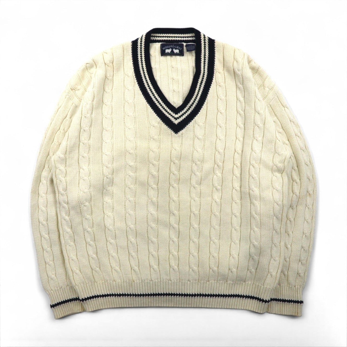 90s Vintage V-neck Knit 90年代 チルデン ニット Vネック セーター L ホワイト ケーブル編み WOODS&GRAY