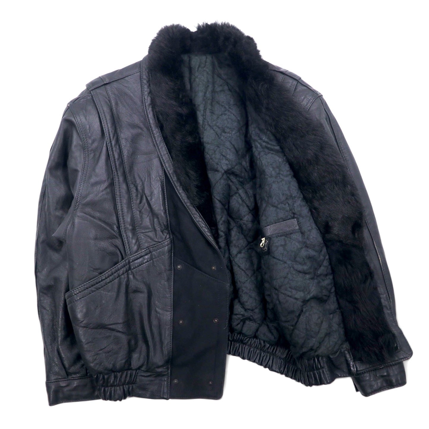 90s VERA PELLE double-breasted leather jacket, size M, black leather with fur lining and paisley pattern, acrylic fur collar.