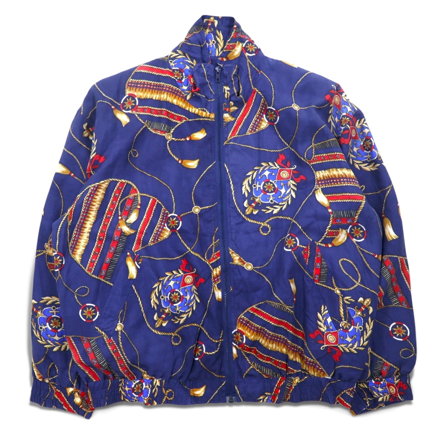 90s BOGARI STUDIO All-Over Print Silk Zip-Up Blouson, Size M, Navy