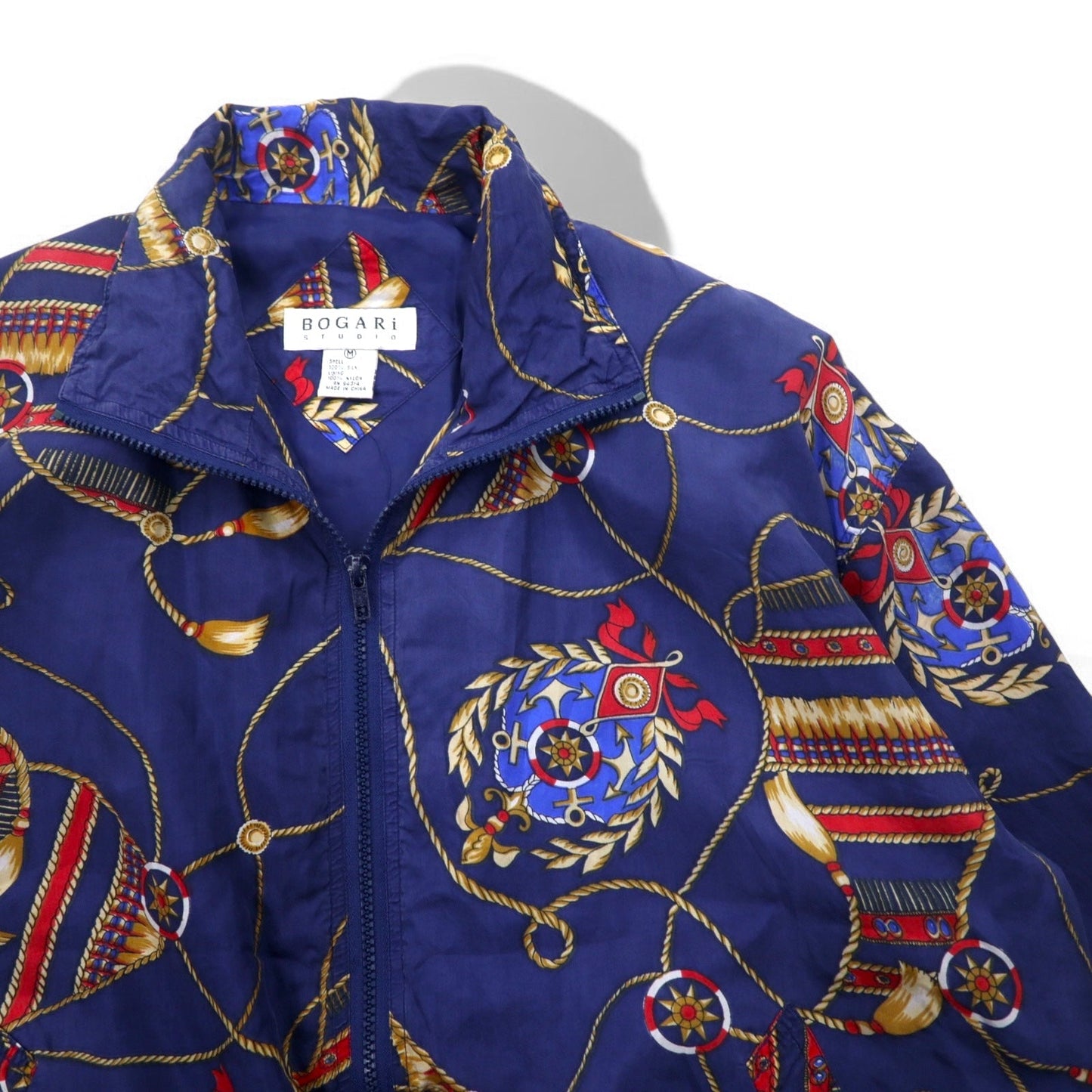 90s BOGARI STUDIO All-Over Print Silk Zip-Up Blouson, Size M, Navy