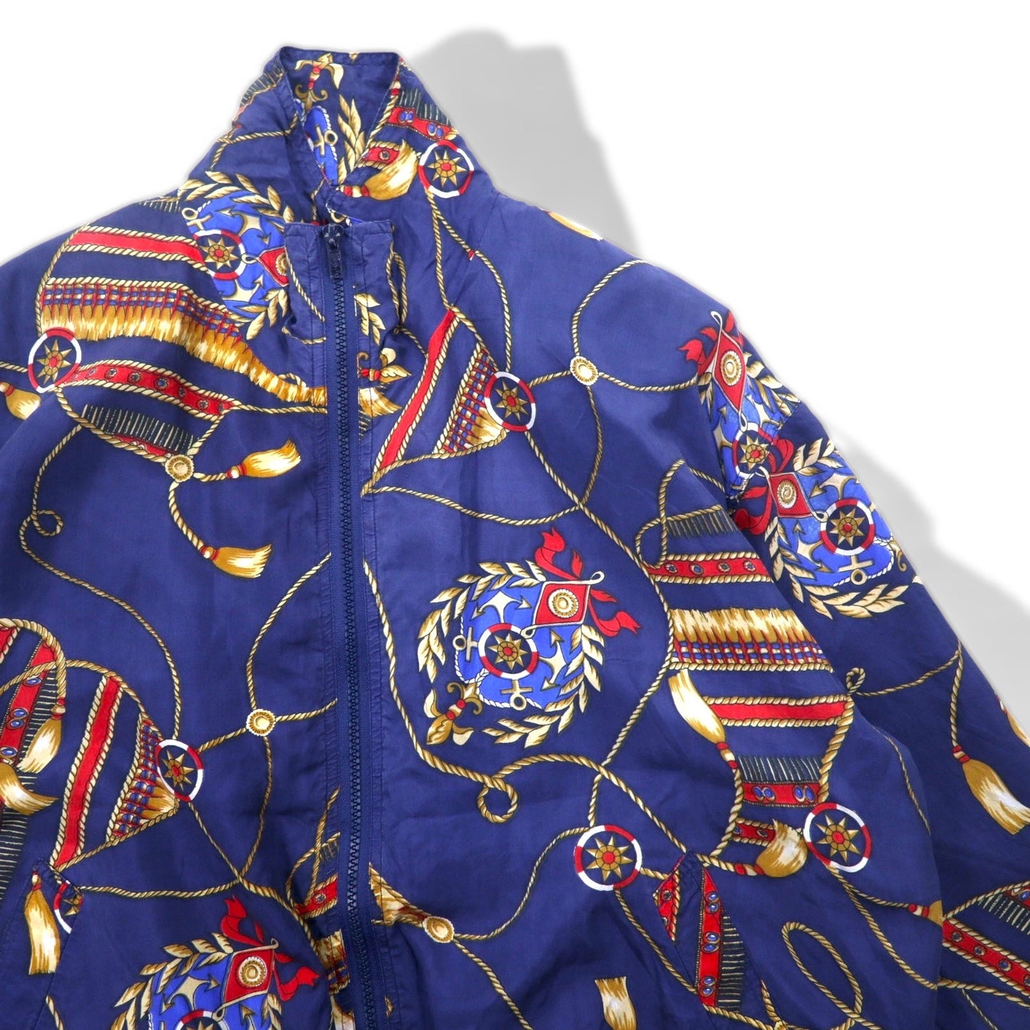 90s BOGARI STUDIO All-Over Print Silk Zip-Up Blouson, Size M, Navy