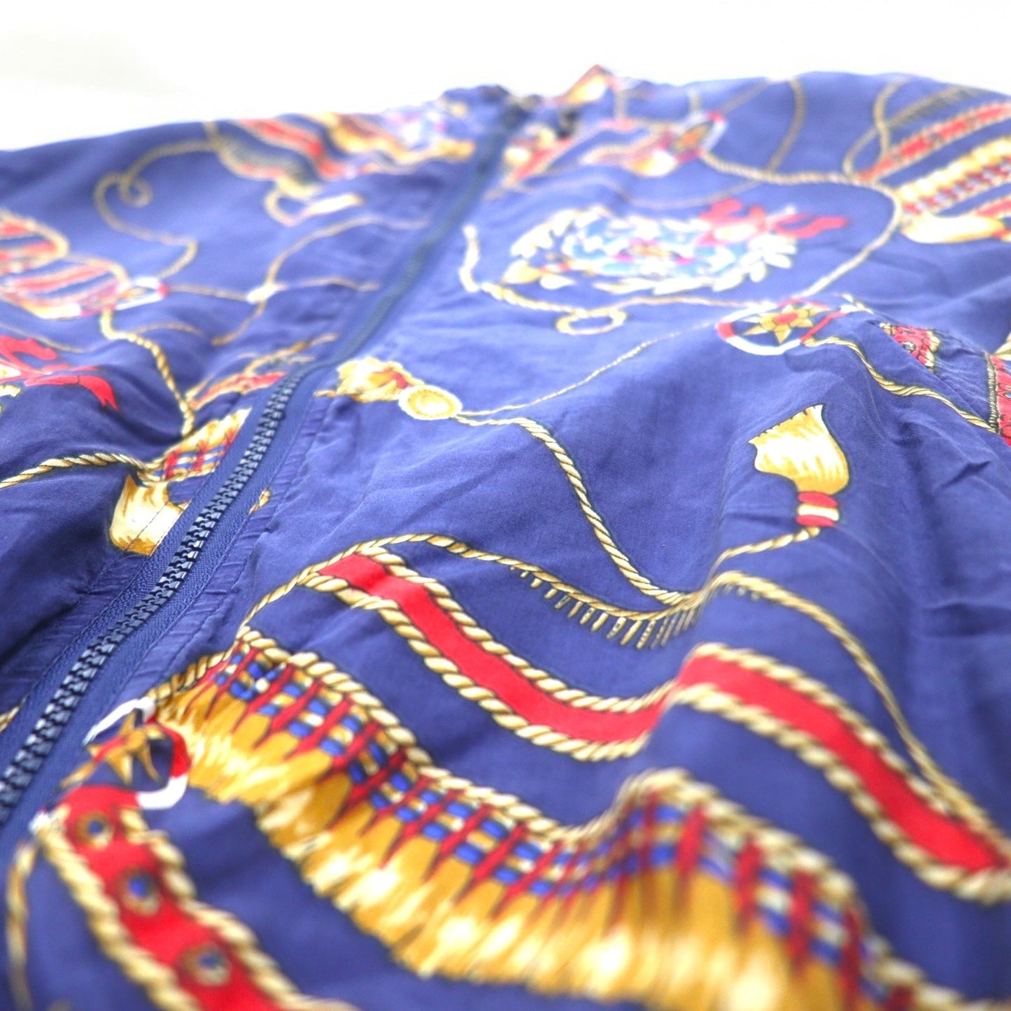 90s BOGARI STUDIO All-Over Print Silk Zip-Up Blouson, Size M, Navy