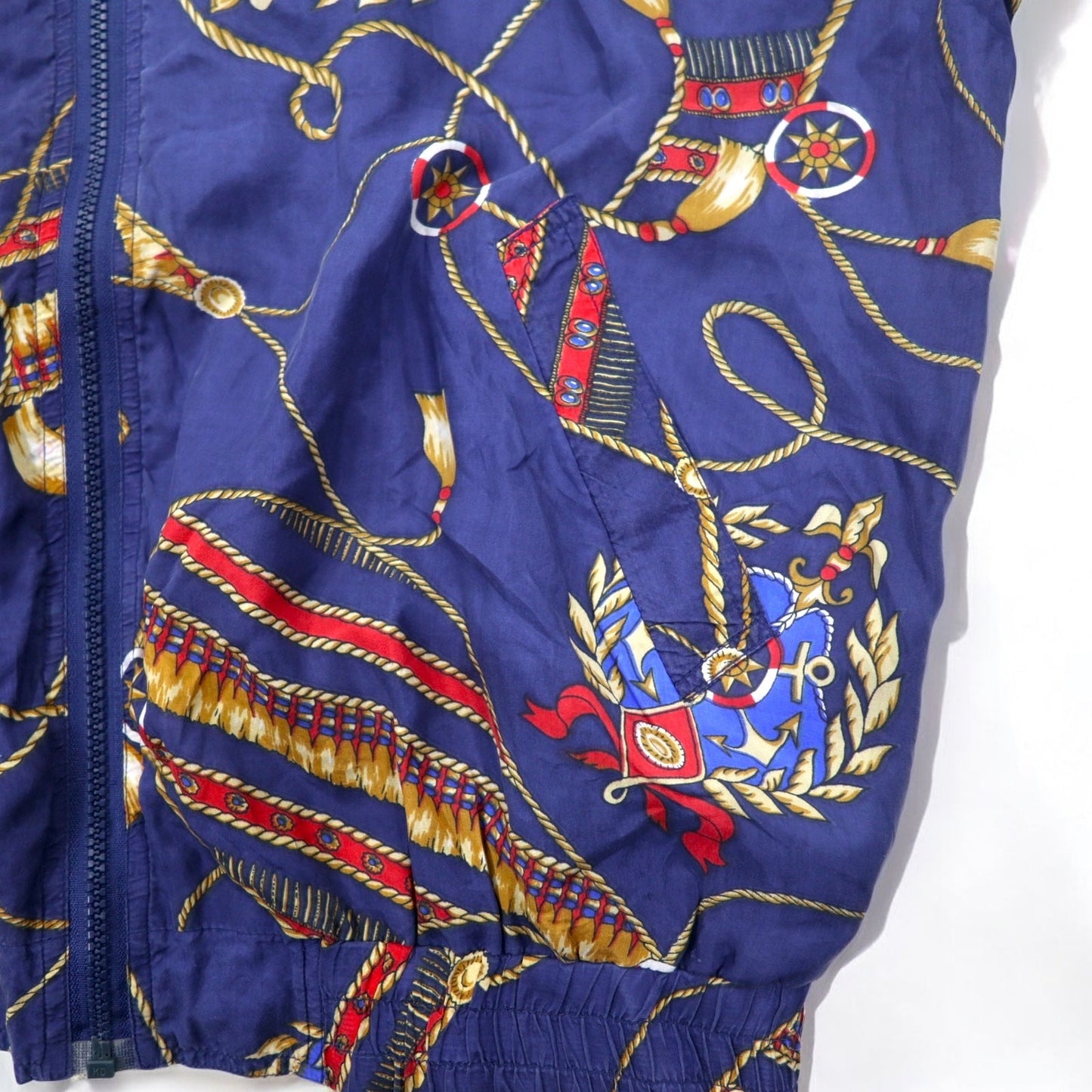 90s BOGARI STUDIO All-Over Print Silk Zip-Up Blouson, Size M, Navy