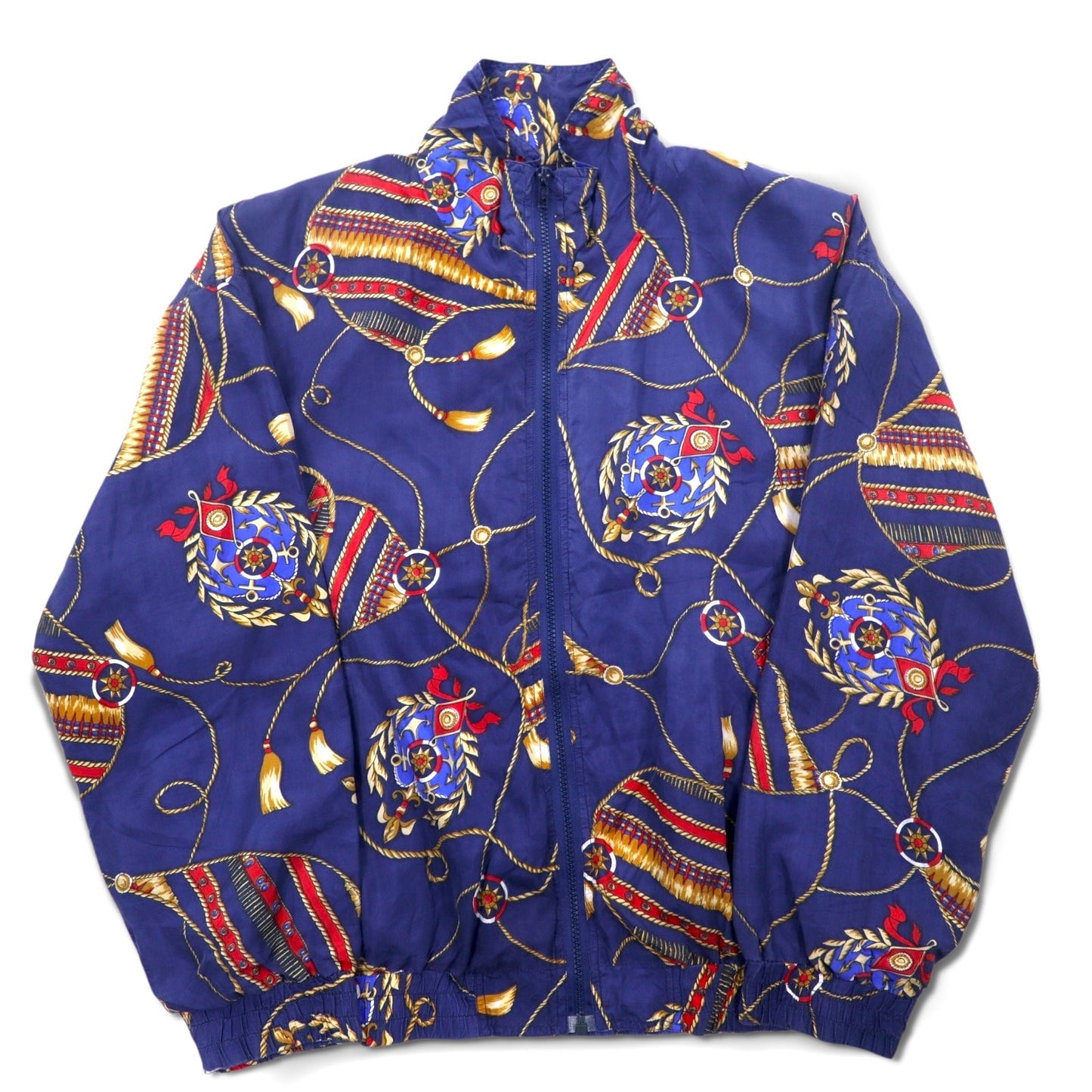 90s BOGARI STUDIO All-Over Print Silk Zip-Up Blouson, Size M, Navy