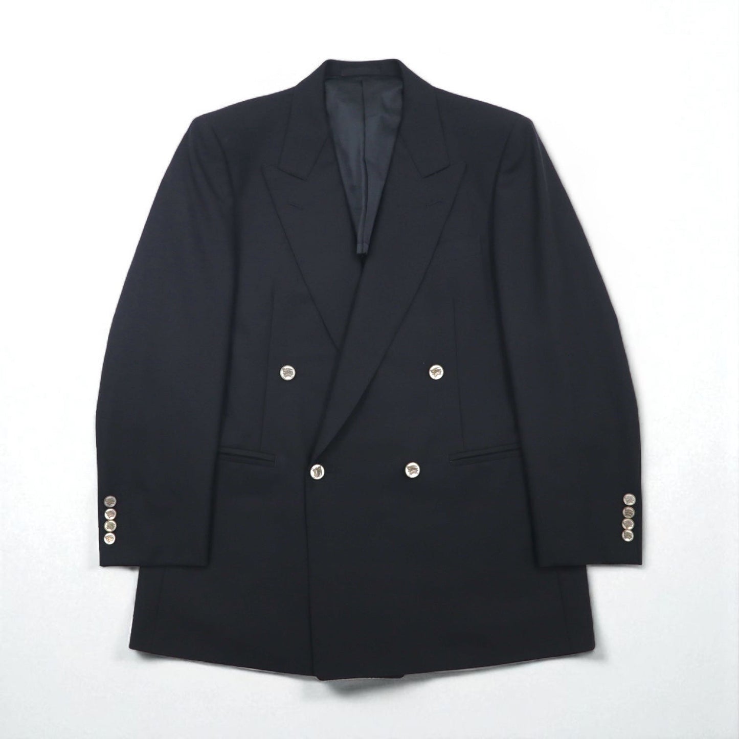 BURBERRY 日本製 ピークドラペル ダブル ブレザー セットアップ スーツ M メタルボタン 羊毛 ギャバジン