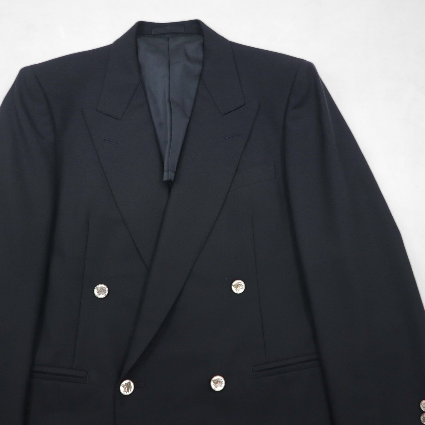 BURBERRY 日本製 ピークドラペル ダブル ブレザー セットアップ スーツ M メタルボタン 羊毛 ギャバジン
