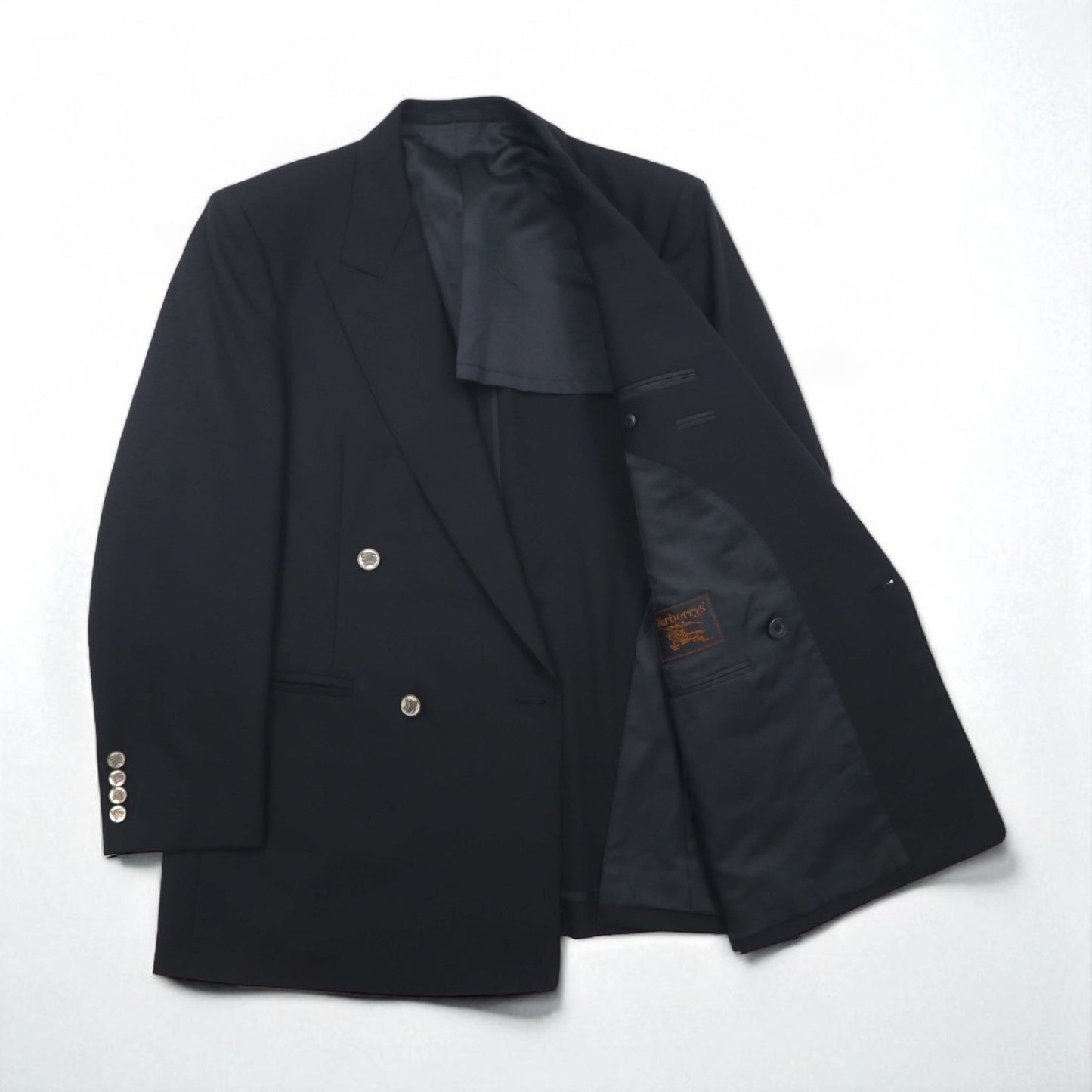 BURBERRY 日本製 ピークドラペル ダブル ブレザー セットアップ スーツ M メタルボタン 羊毛 ギャバジン