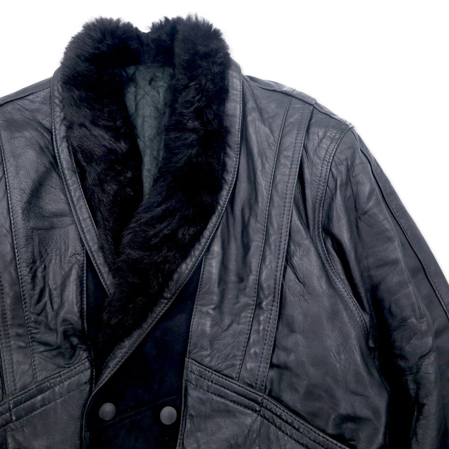 90s VERA PELLE double-breasted leather jacket, size M, black leather with fur lining and paisley pattern, acrylic fur collar.