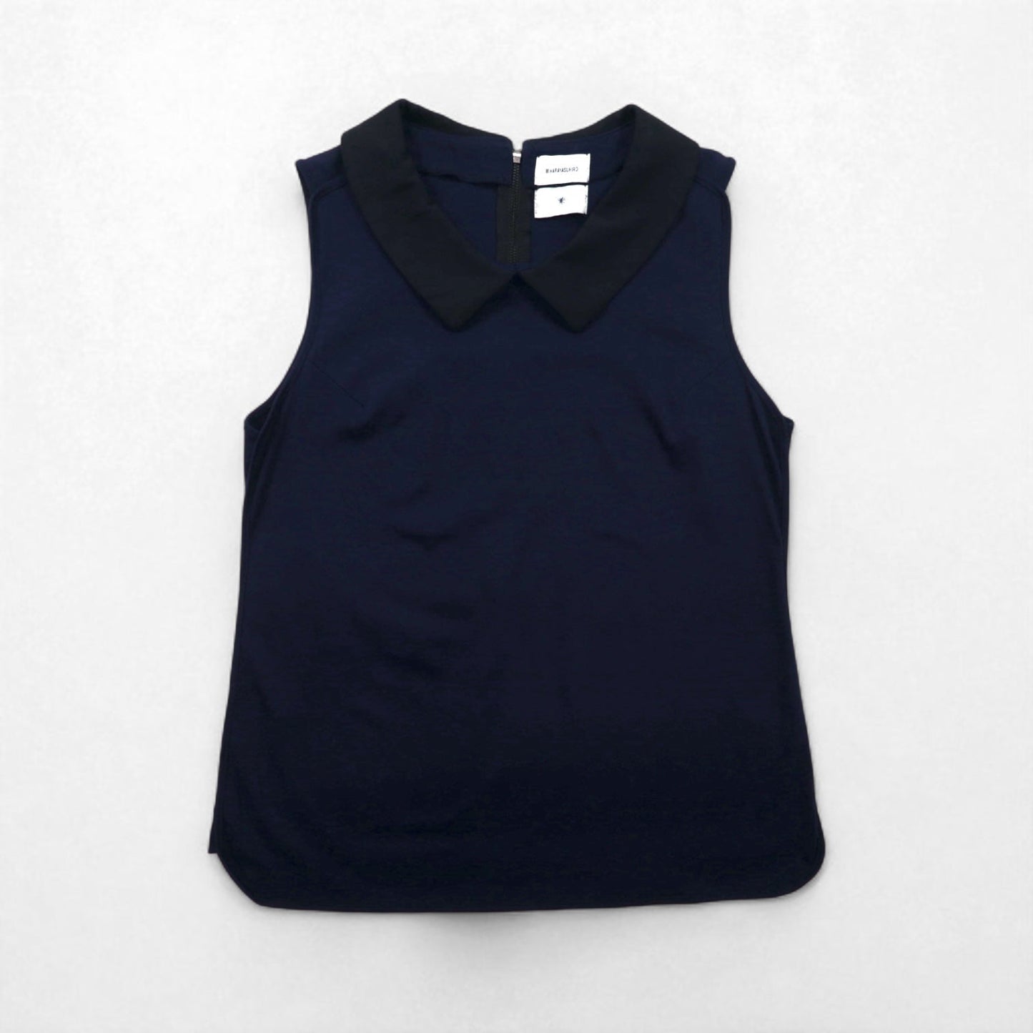 MIHARA YASUHIRO Collared Sleeveless Blouse, Size L, Navy, Cotton Stretch, Made in Japan