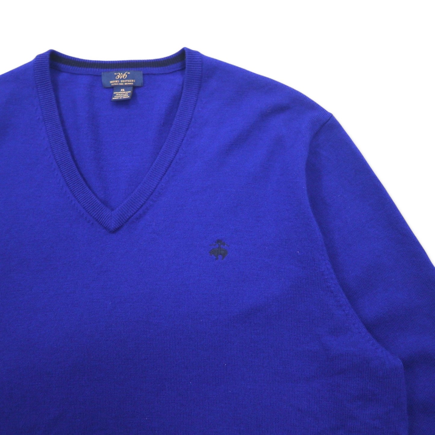 346 Brooks Brothers Merino Wool V-Neck Knit Sweater, XL, Blue, Wool, Logo Embroidery, Extra Fine Merino Wool