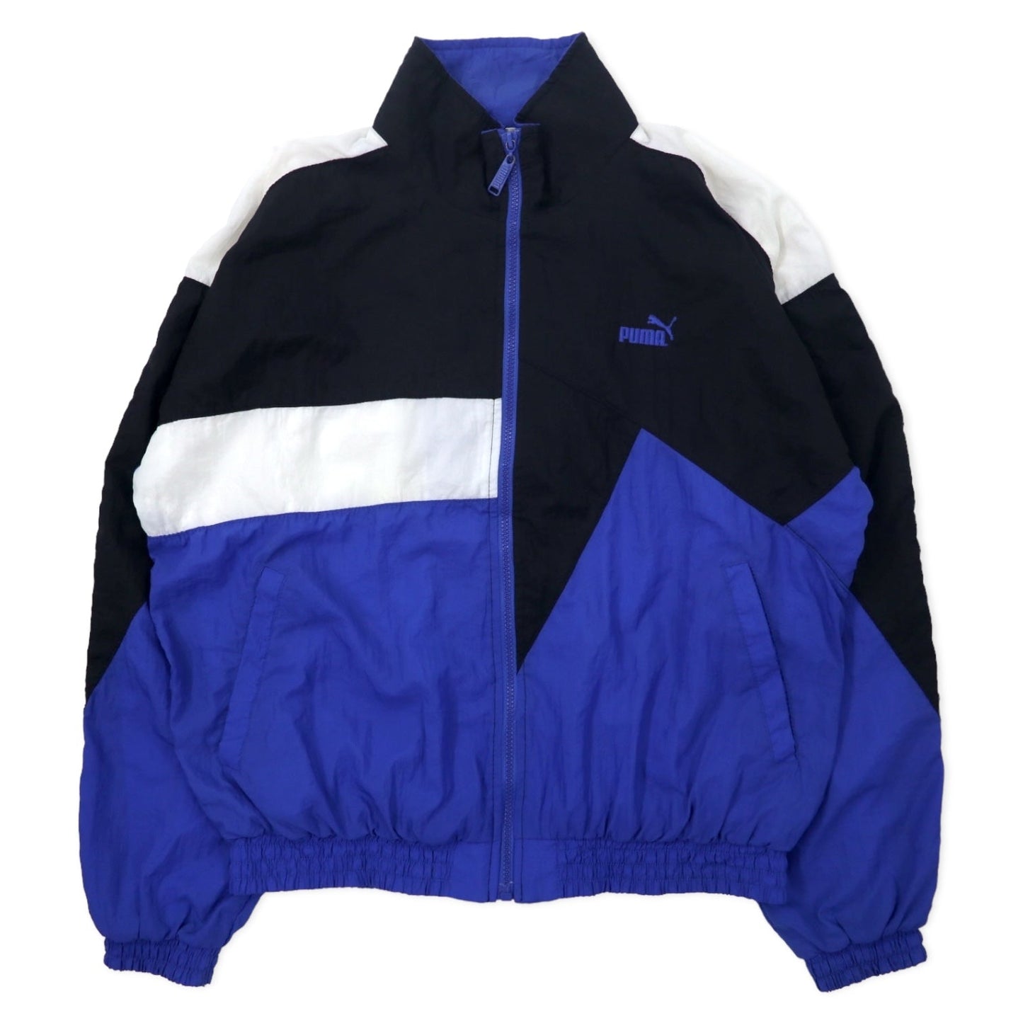 PUMA 90s Nylon Jacket, Size Small, Blue, Crazy Pattern, Color Block, One-Point Logo Embroidery