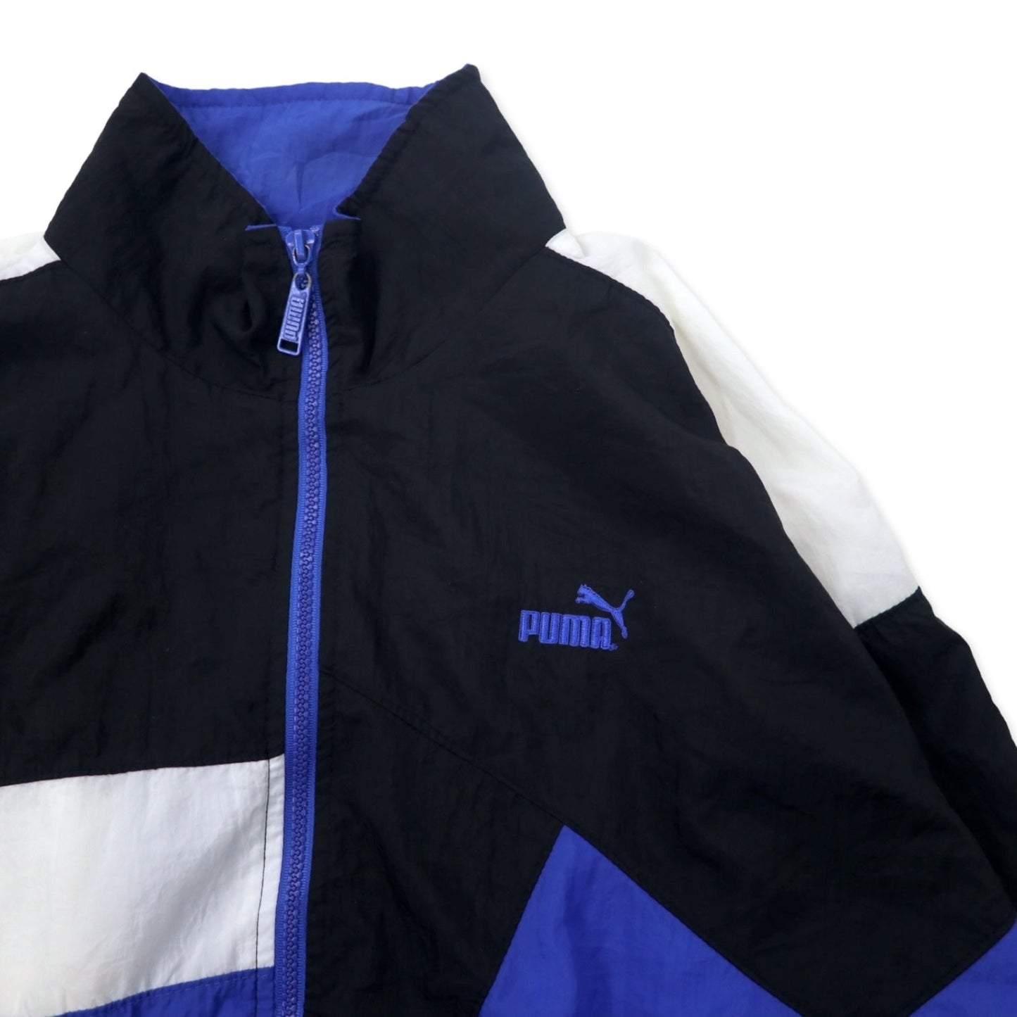 PUMA 90s Nylon Jacket, Size Small, Blue, Crazy Pattern, Color Block, One-Point Logo Embroidery