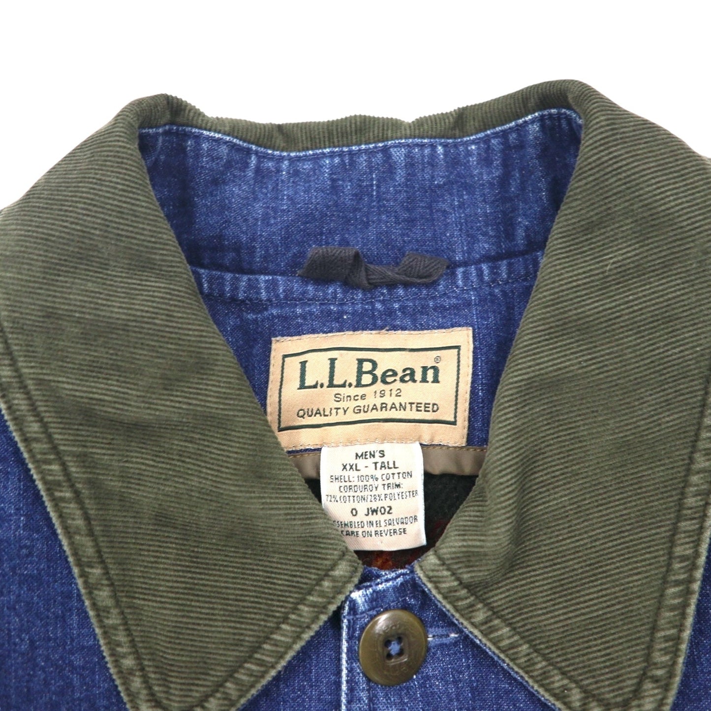 L.L.Bean 90年代 ヴィンテージ デニム フィールド チョアコート カバーオール 2XL インディゴ 襟コーデュロイ フランネルライナー着脱 JW02