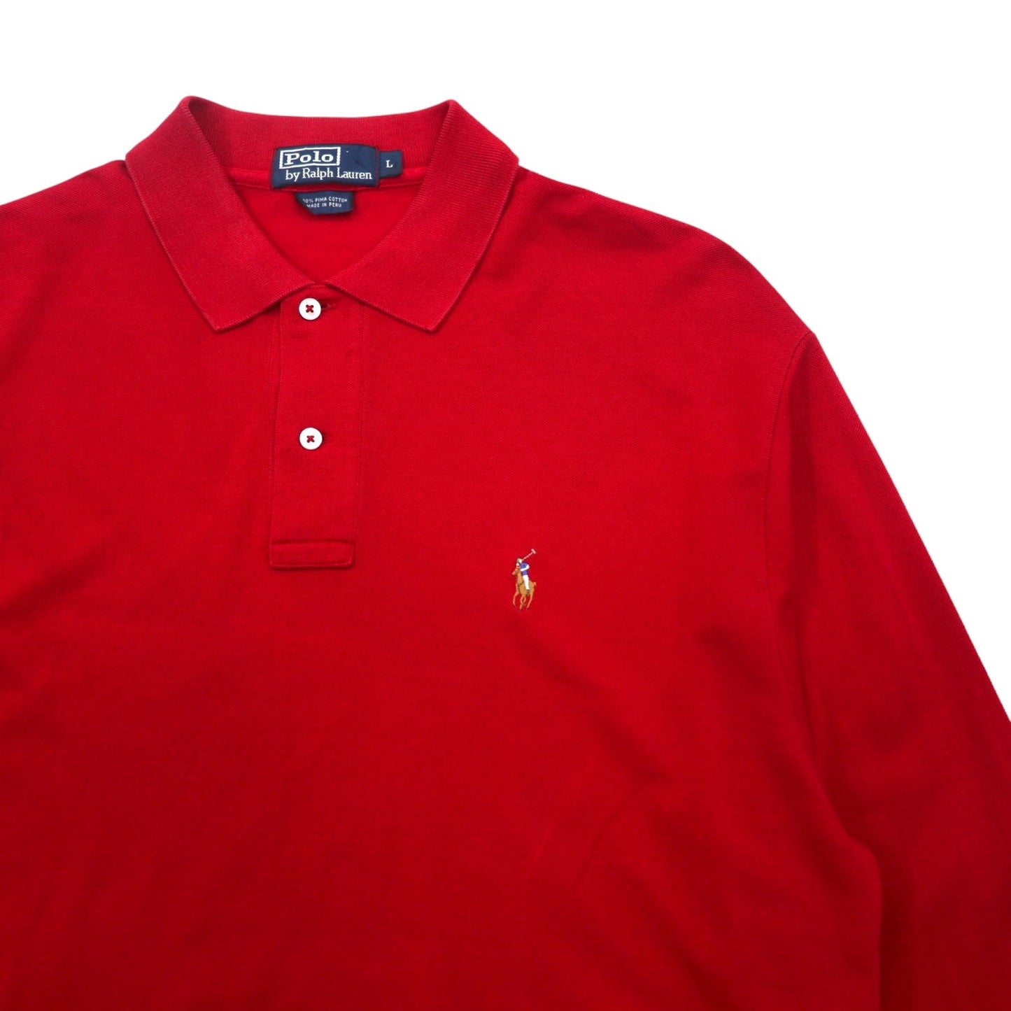 Polo by Ralph Lauren 90s Long Sleeve Polo Shirt, Size L, Red, Pima Cotton, Pique, Small Pony Embroidery, Made in Peru