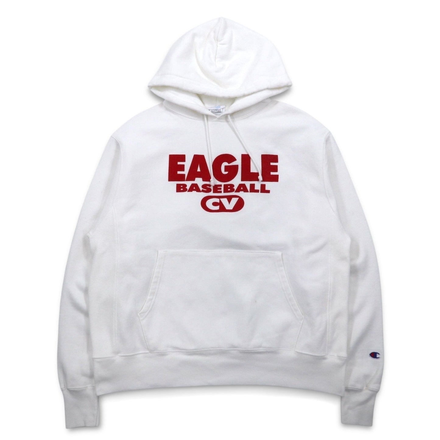Champion Reverse Weave Pullover Hoodie, Size 2XL, White, Cotton, Fleece-Lined, Eagle Baseball Blue Tag, Reprint, Made in Honduras