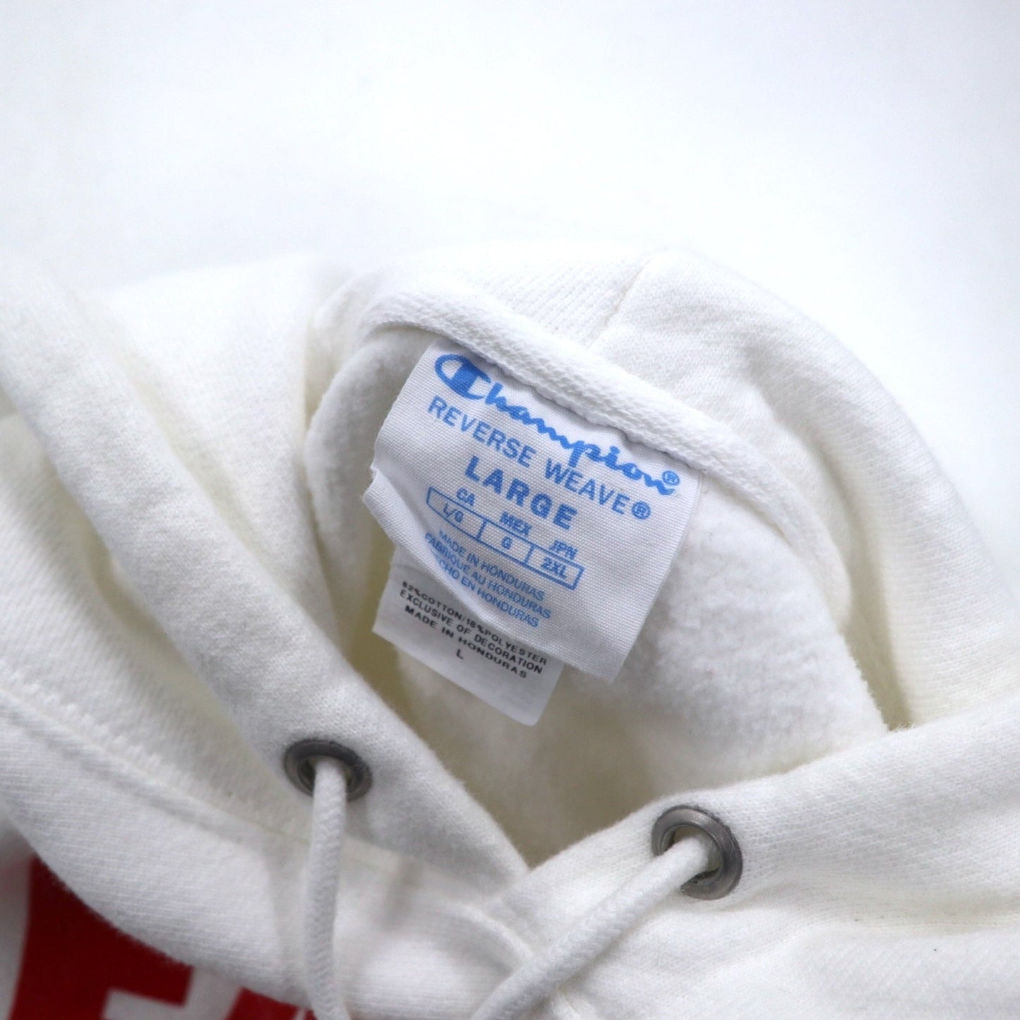 Champion Reverse Weave Pullover Hoodie, Size 2XL, White, Cotton, Fleece-Lined, Eagle Baseball Blue Tag, Reprint, Made in Honduras