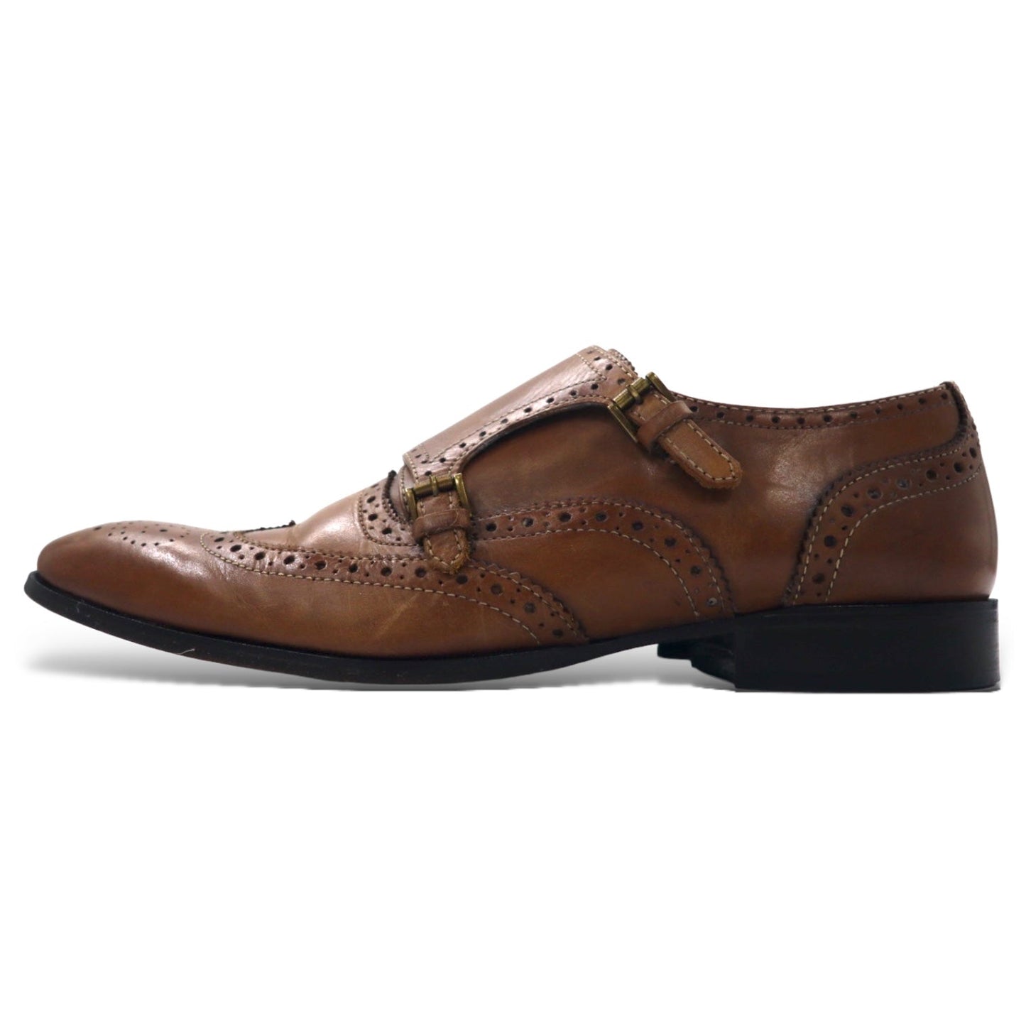 GIORGIO BRUTINI Double Monk Strap Wingtip Dress Shoes, Size 28cm, Brown Leather with Medallion Detail, 248764-1