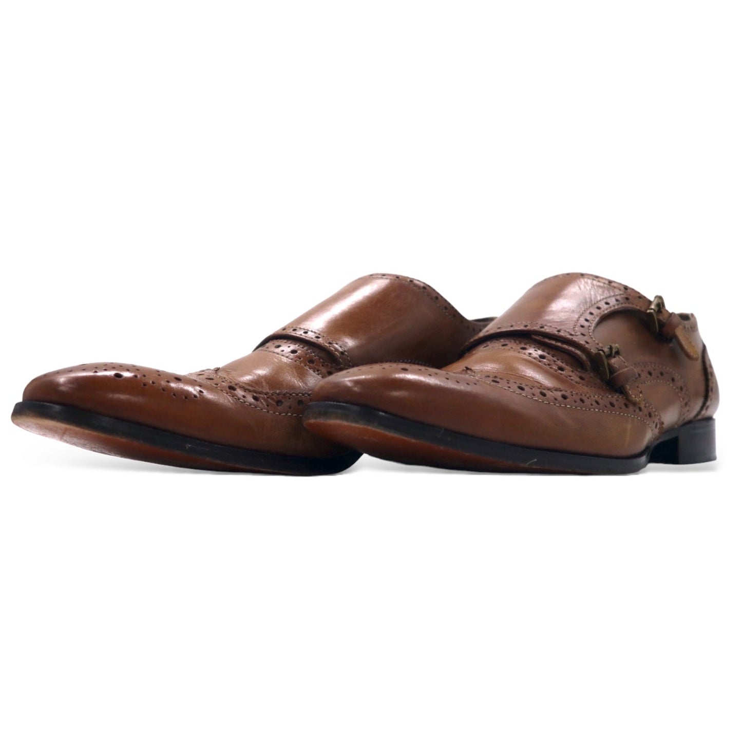GIORGIO BRUTINI Double Monk Strap Wingtip Dress Shoes, Size 28cm, Brown Leather with Medallion Detail, 248764-1