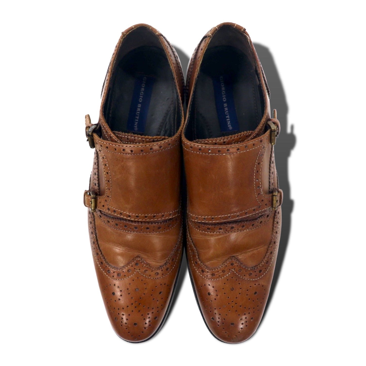 GIORGIO BRUTINI Double Monk Strap Wingtip Dress Shoes, Size 28cm, Brown Leather with Medallion Detail, 248764-1